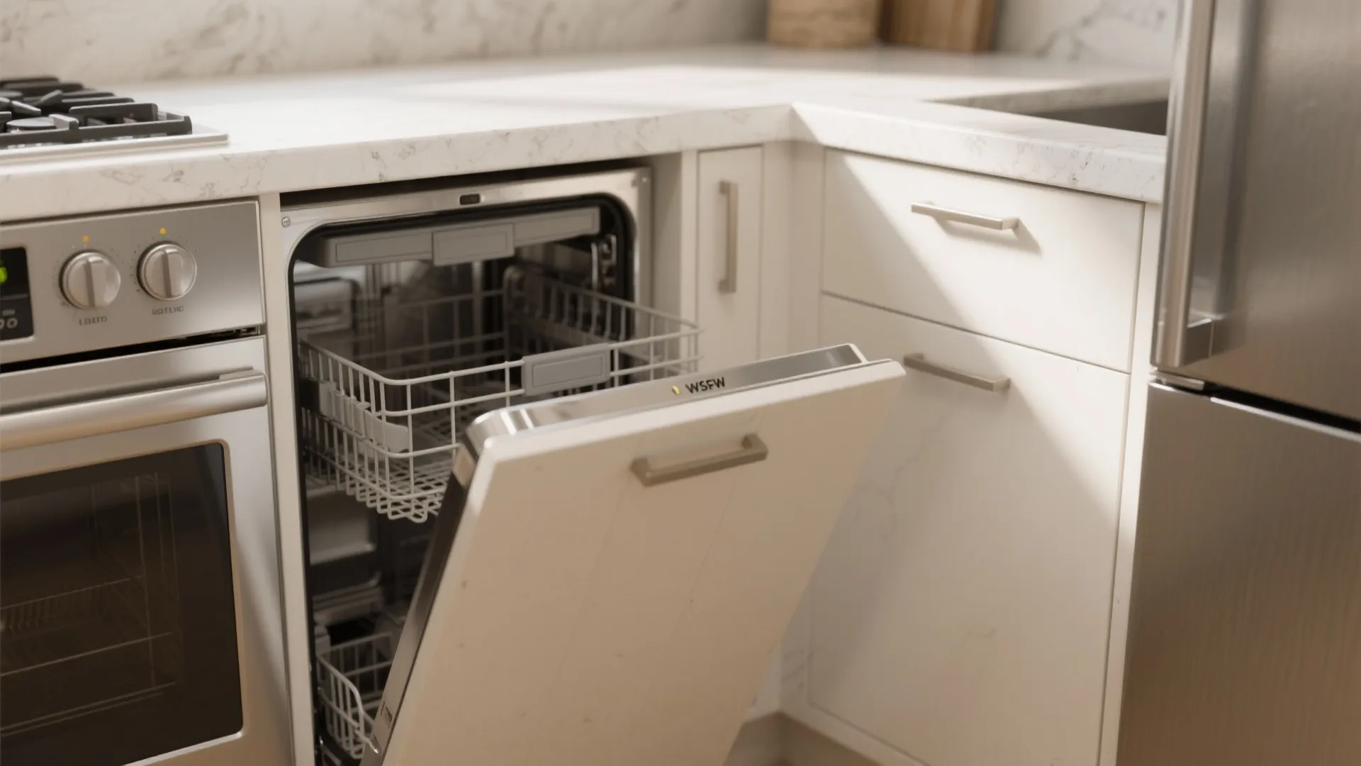 Close-up of slimline dishwasher and narrow range integrated into compact L-shaped kitchen cabinetry