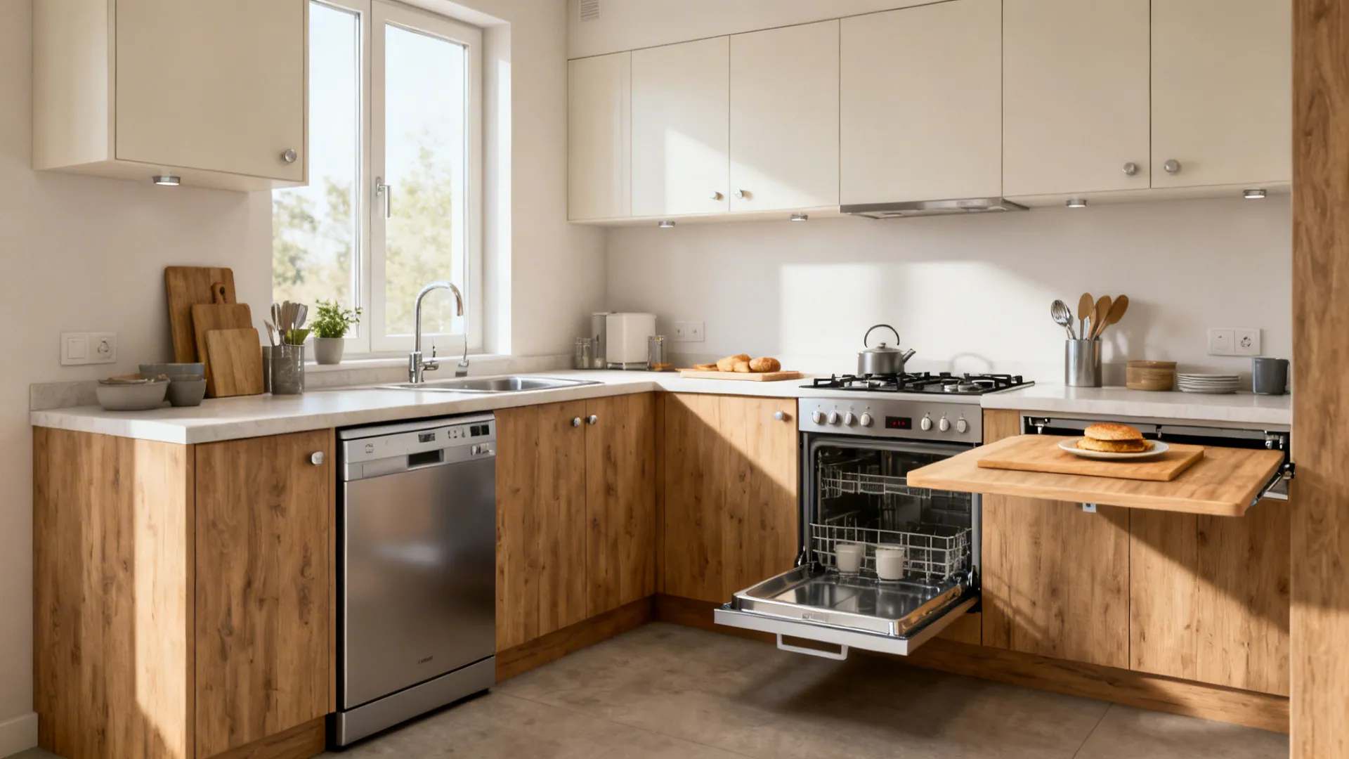 Small L-shaped kitchen with a slim dishwasher, 60 cm cooktop, and matching pull-out and flip-up counter extensions.
