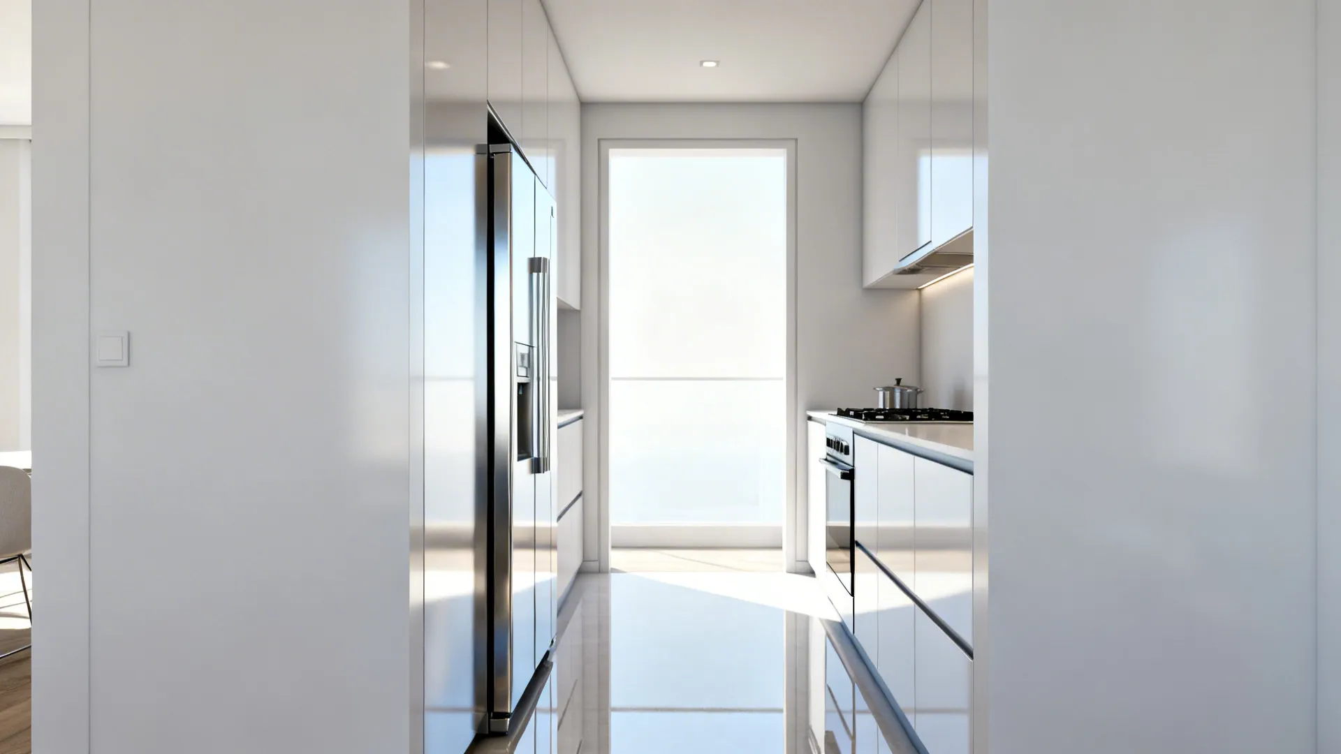 Small kitchen with slim fridge repositioned to improve circulation and reveal more floor space