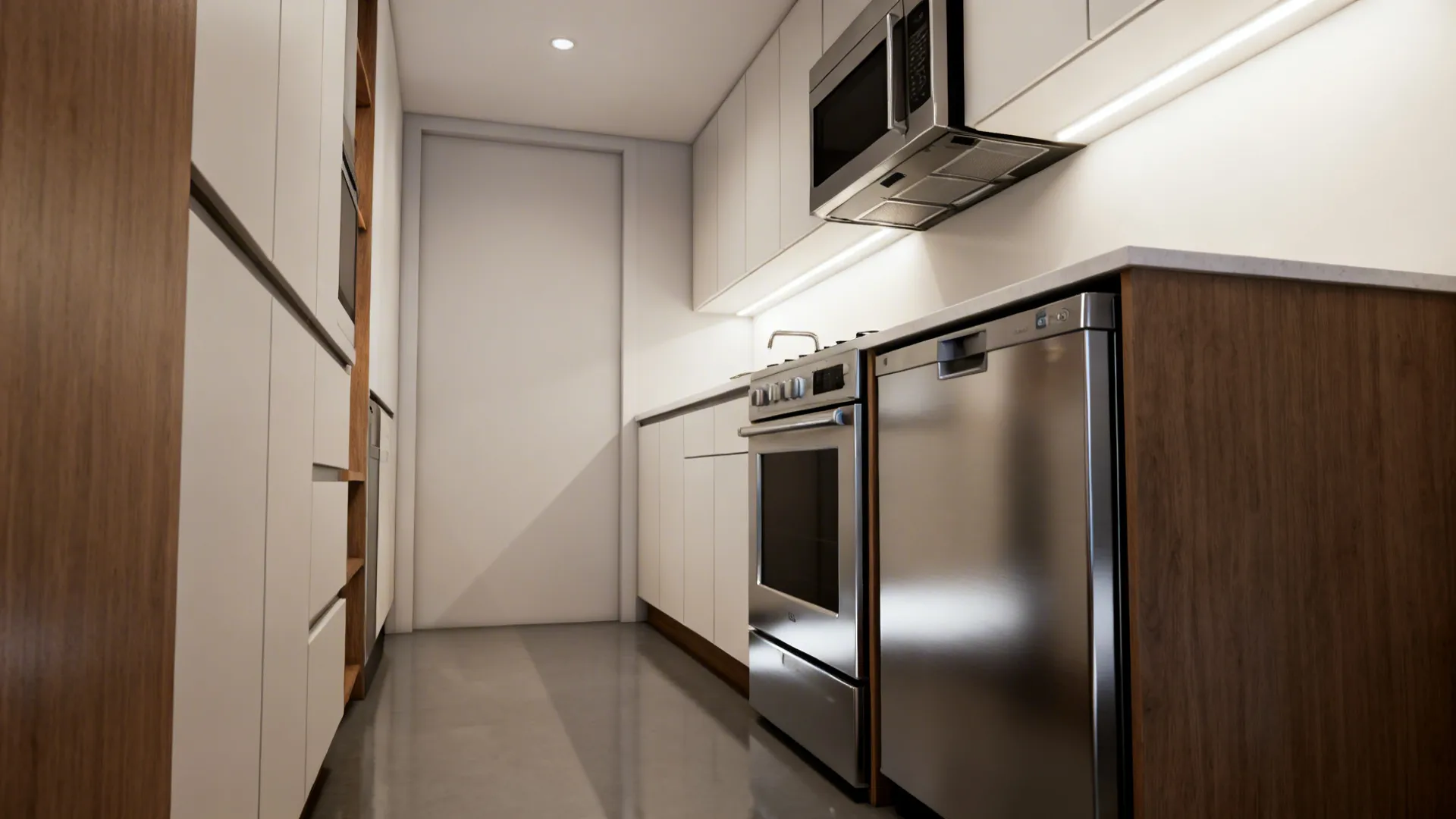Narrow kitchen run with slim dishwasher, undercounter fridge and integrated microwave-hood