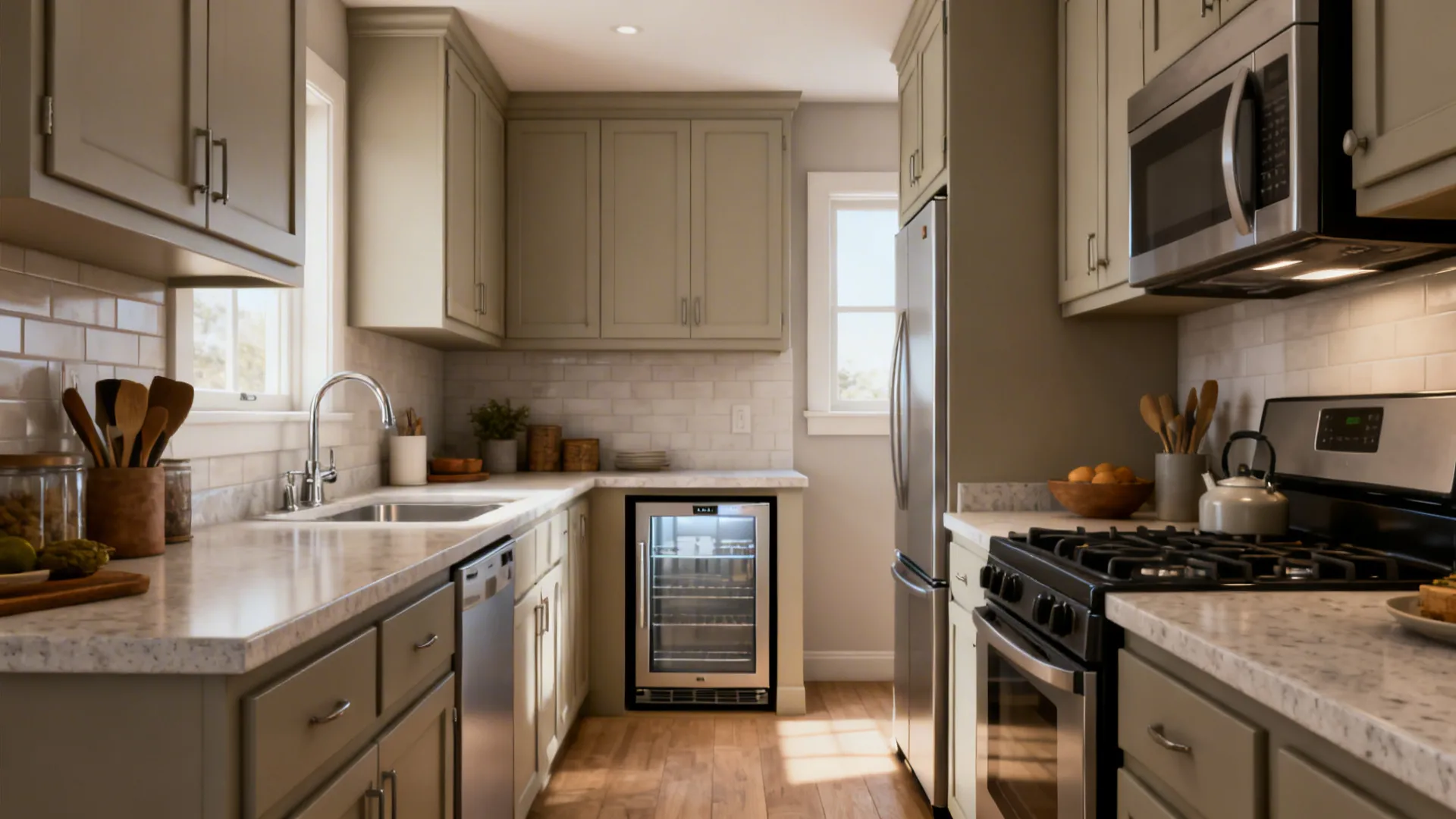 Compact kitchen with slim appliances and a counter-depth refrigerator enabling better circulation.