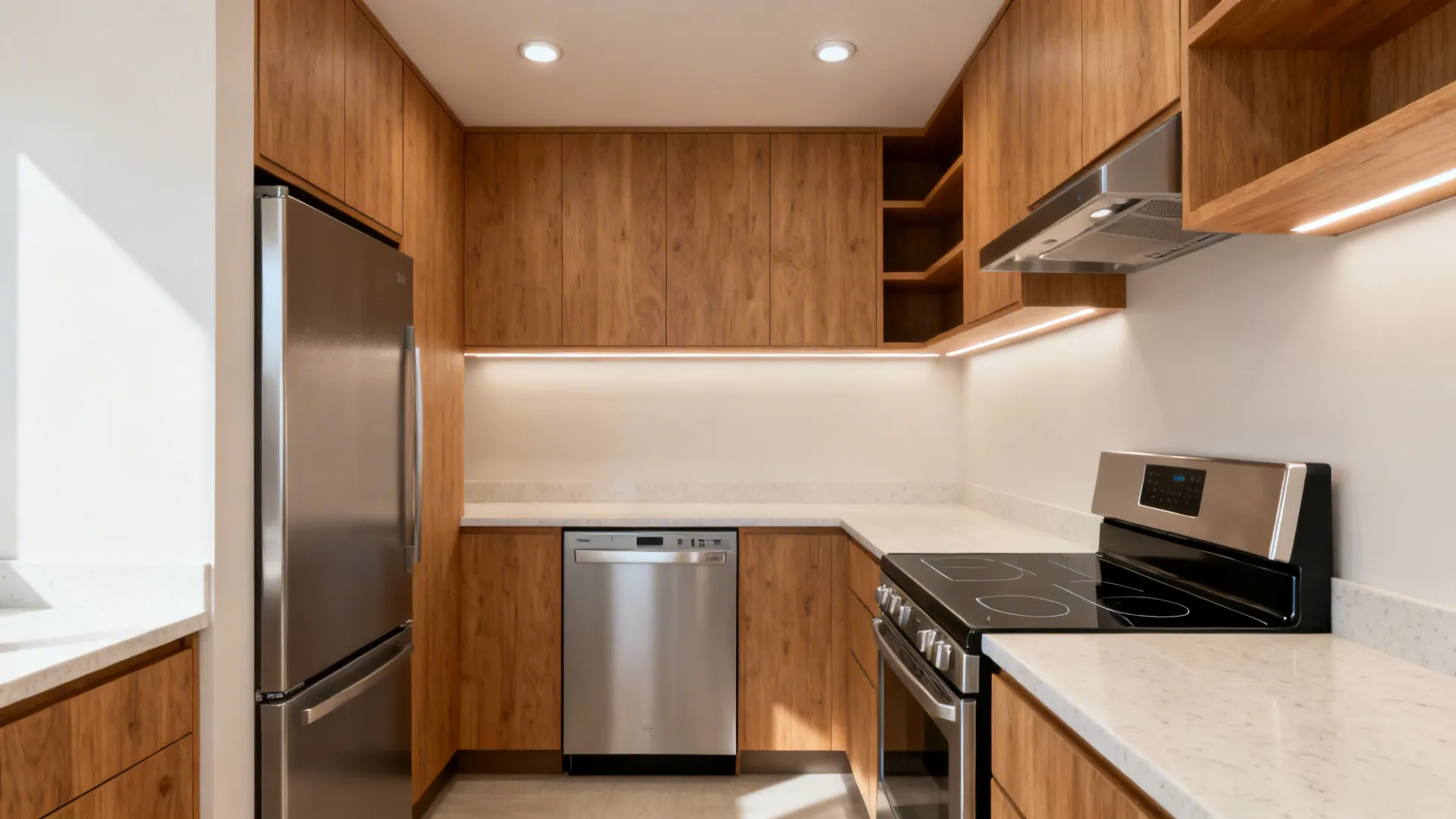 10x12 kitchen with counter-depth fridge, 24-inch dishwasher, induction range, and layered lighting.
