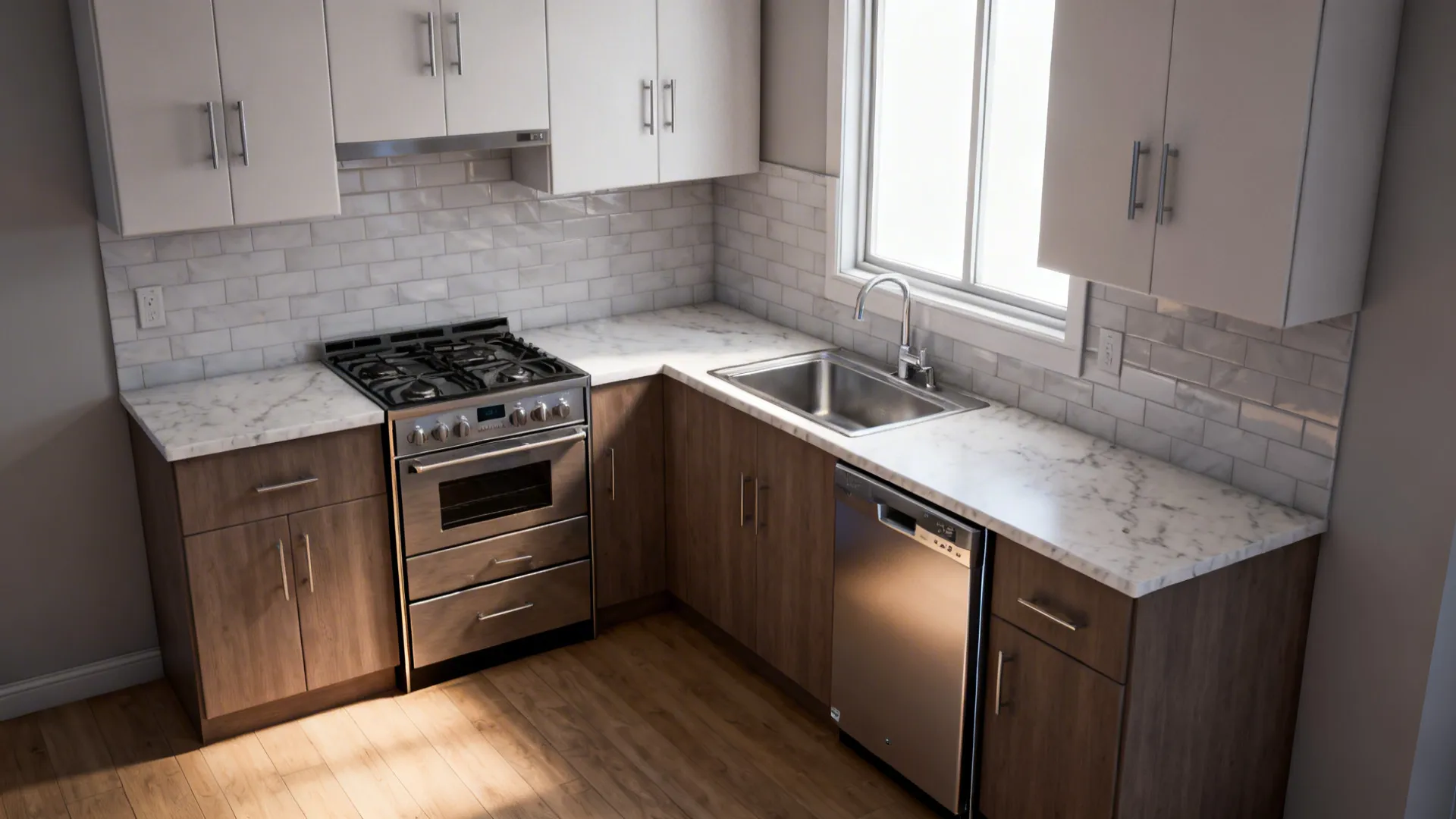 Small kitchen reconfigured with slim appliances and clear work triangle for efficient workflow.