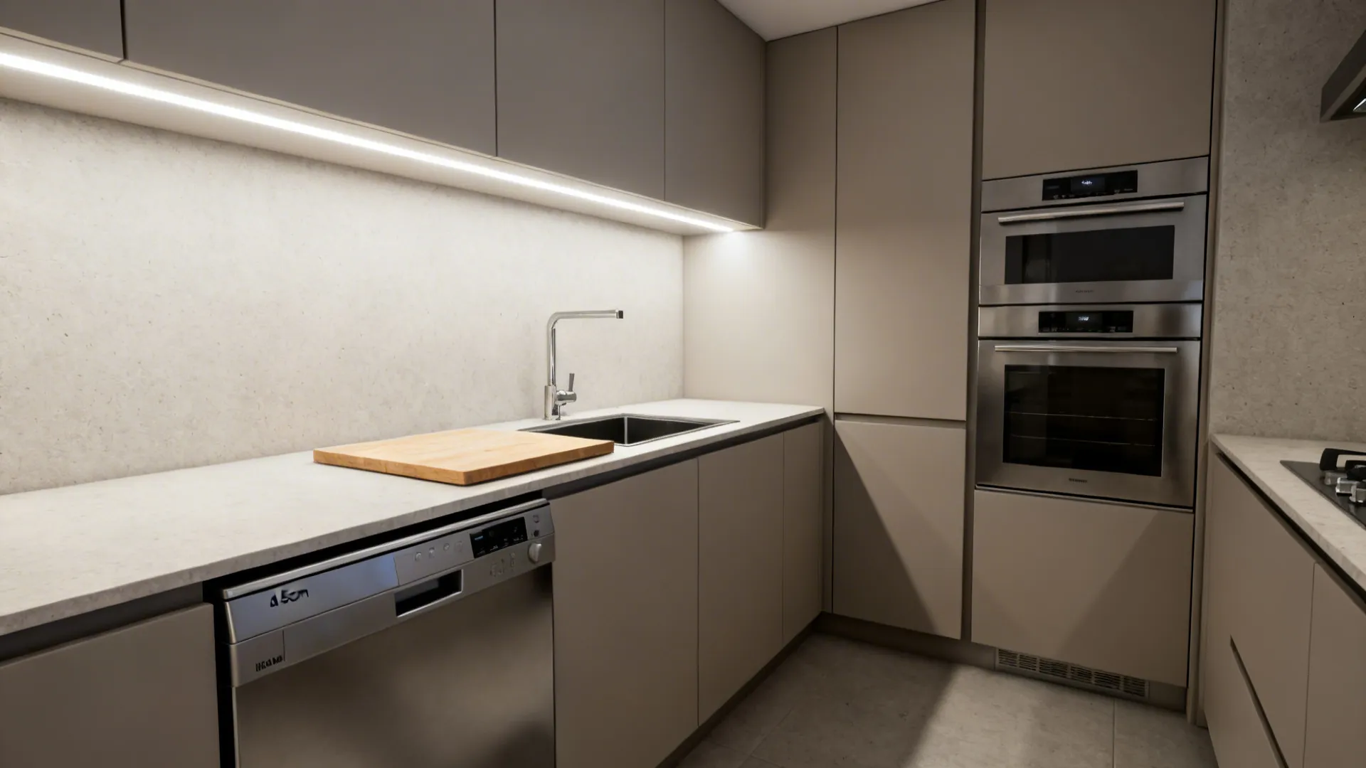 Compact kitchen with slim 45 cm dishwasher, oven stack, and a sink prep board for extra counter space.