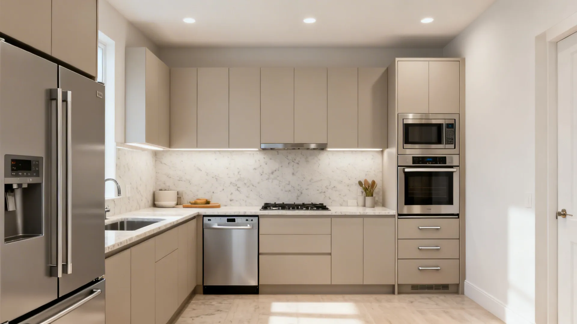 Compact 8 x 7 kitchen with 24-inch counter-depth fridge, 18-inch dishwasher, and a vertical oven-microwave tower.