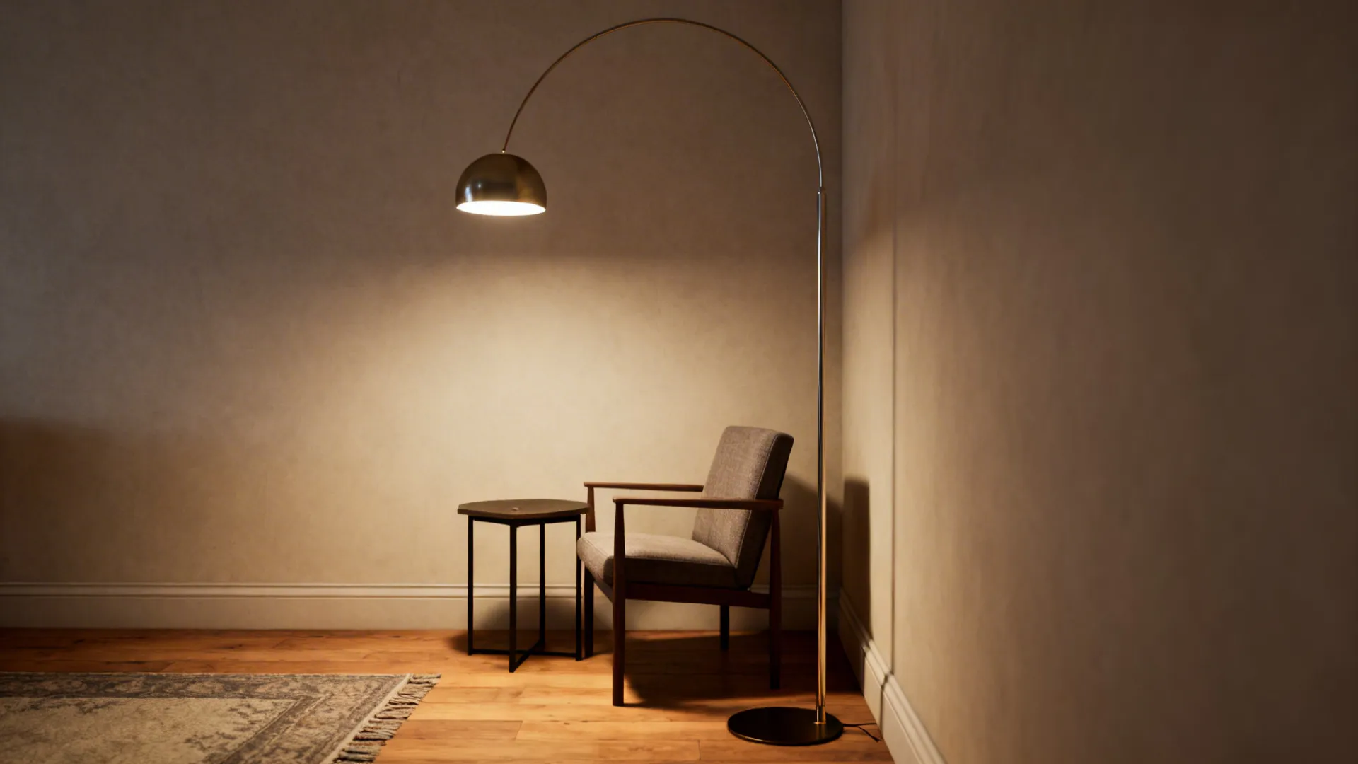 Slim arc floor lamp arcing over a side table and chair in a compact living room corner.