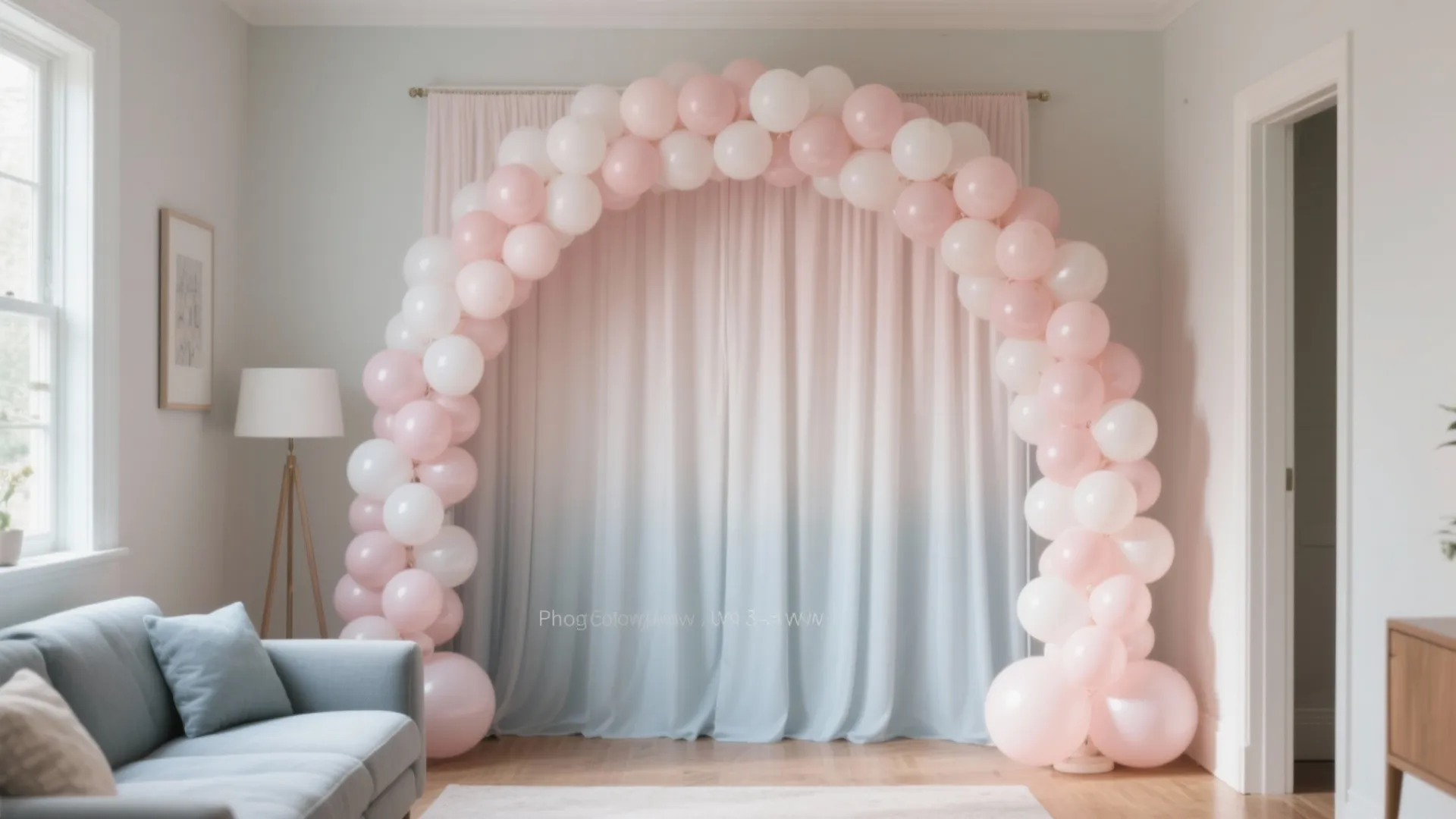Statement Balloon Arch Framing a Compact Photo Nook