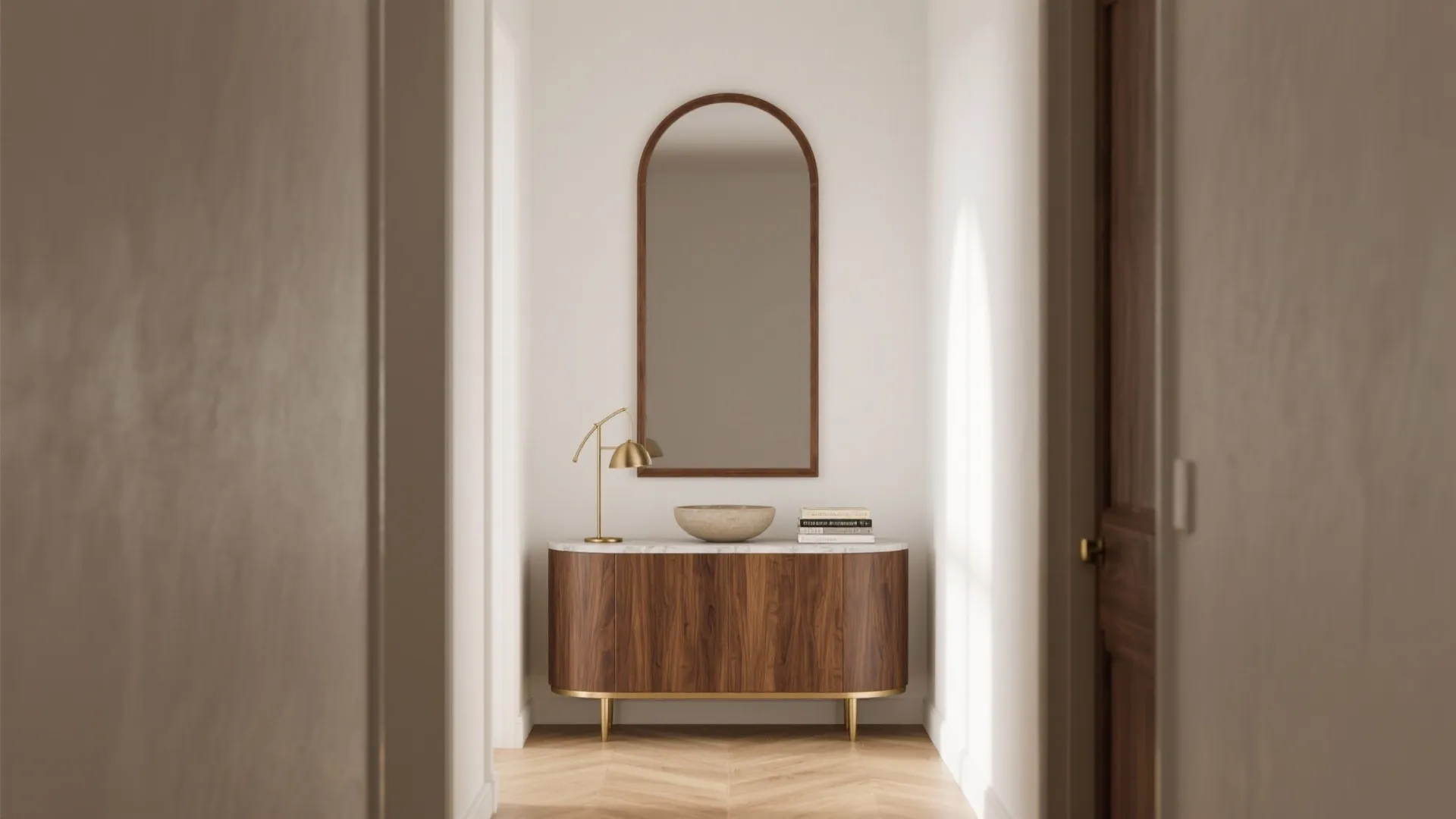 1) Slim Arch Walnut Mirror Over a Console