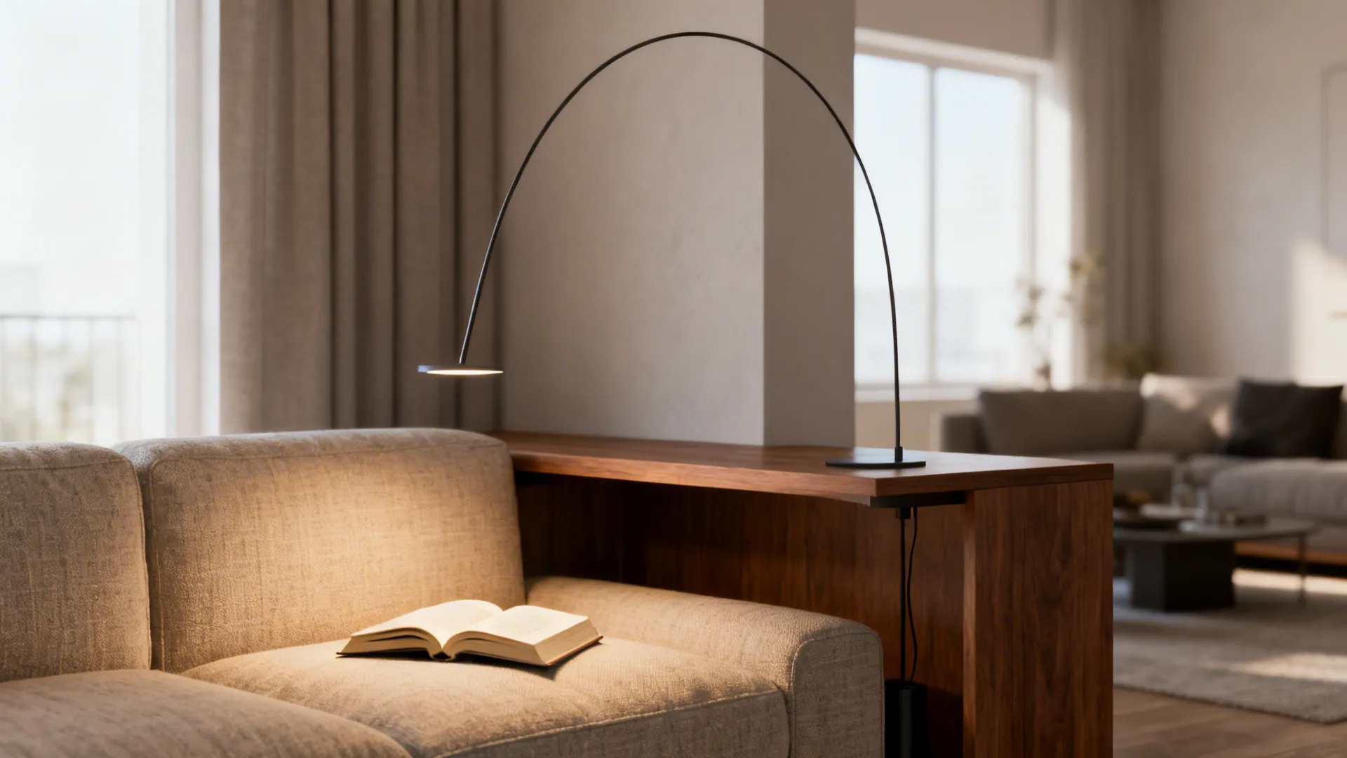 Slim arched lamp tucked over a sofa reading nook with its base hidden under a console.