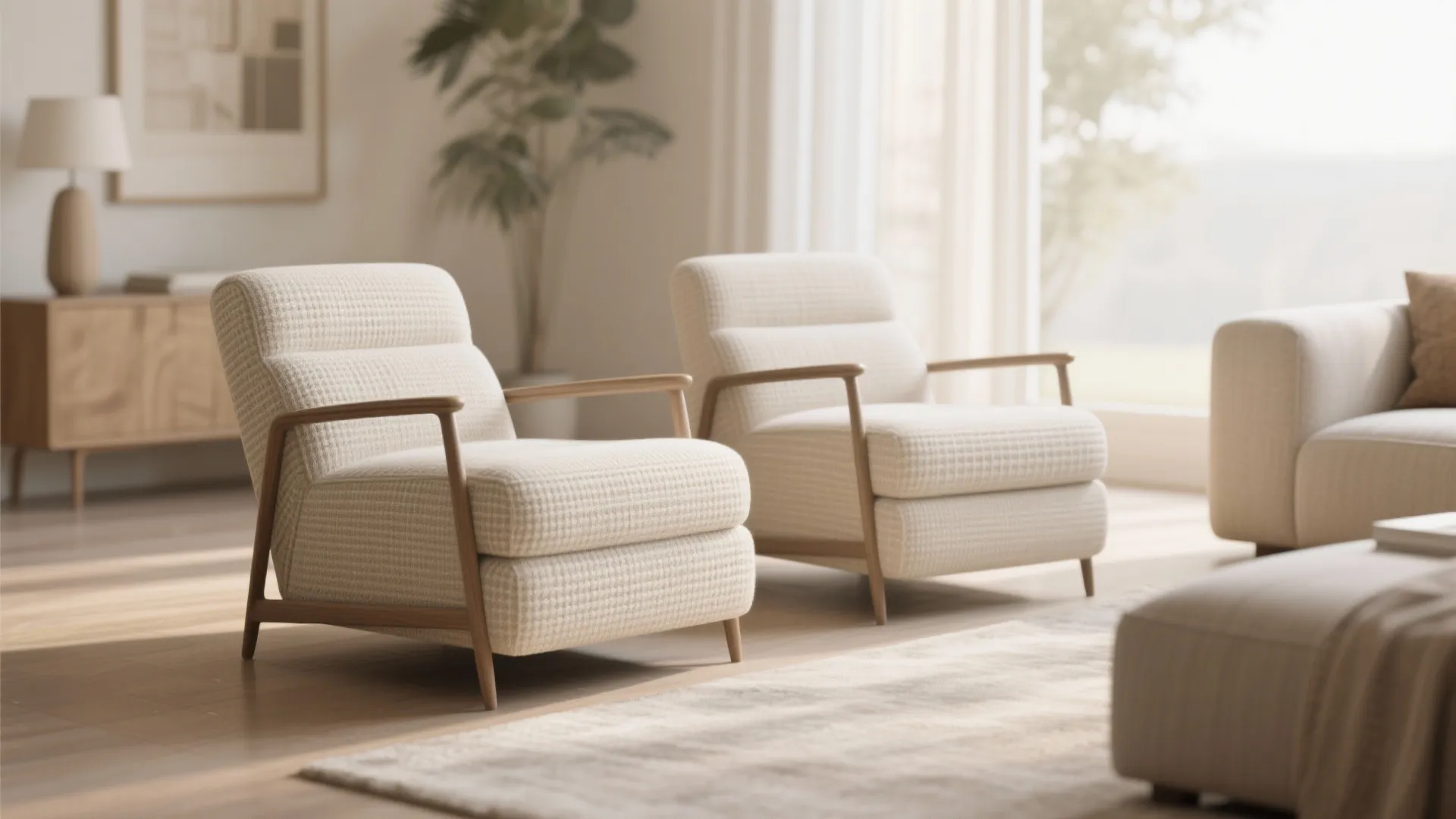 Armless and slim-arm recliners in a small living room showing reduced visual bulk and closer placement to other furniture.