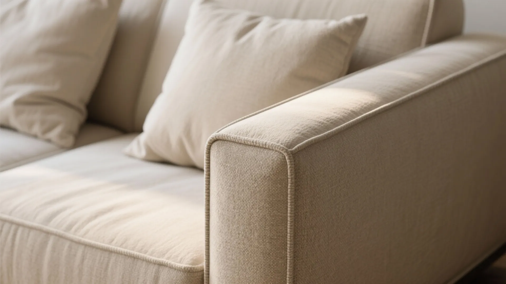Macro detail of slim sofa arm and single bench cushion with precise stitching and texture.