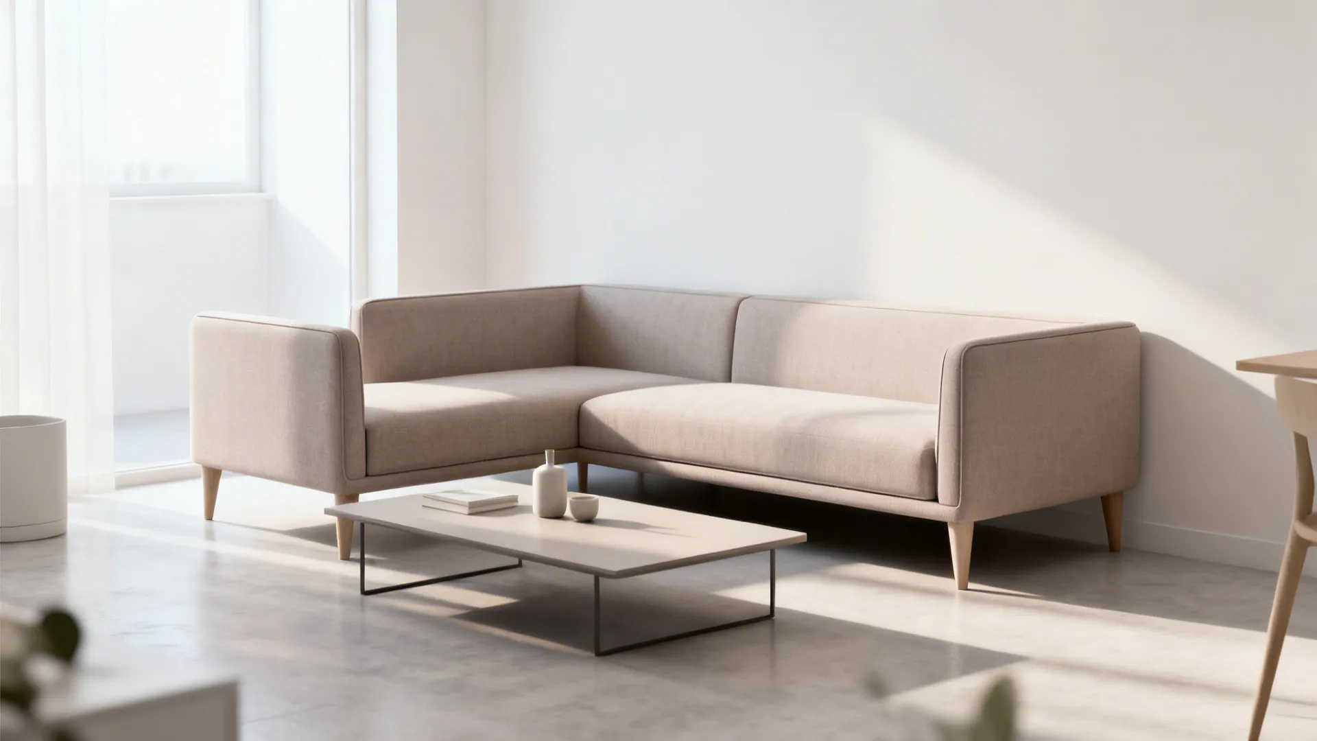Studio living room with a slim-arm L-shaped sofa and tapered legs keeping the space airy.