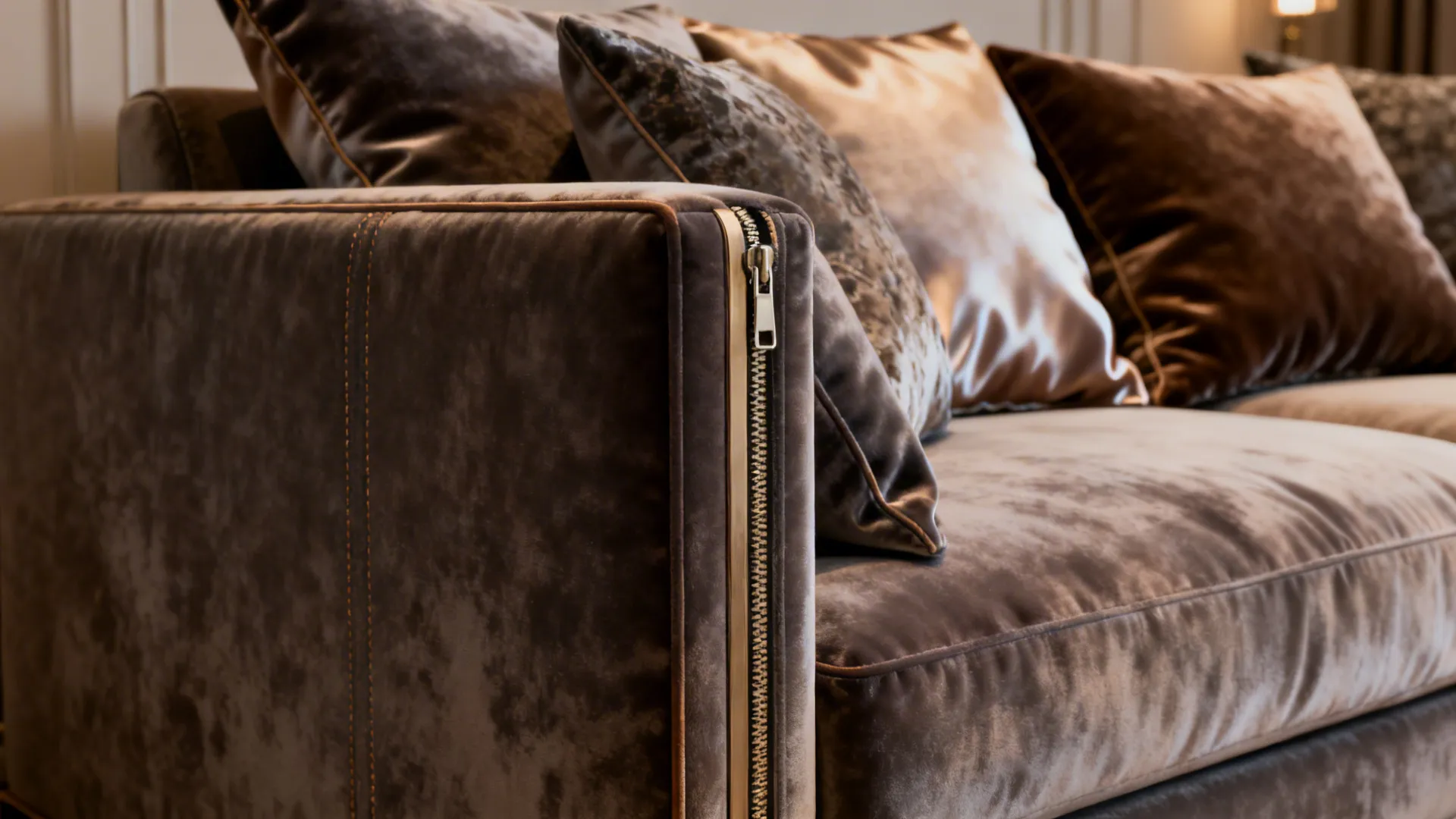 Slim-arm sofa with oversized plush cushions in velvet and silk-blend fabrics showing narrow arm detail