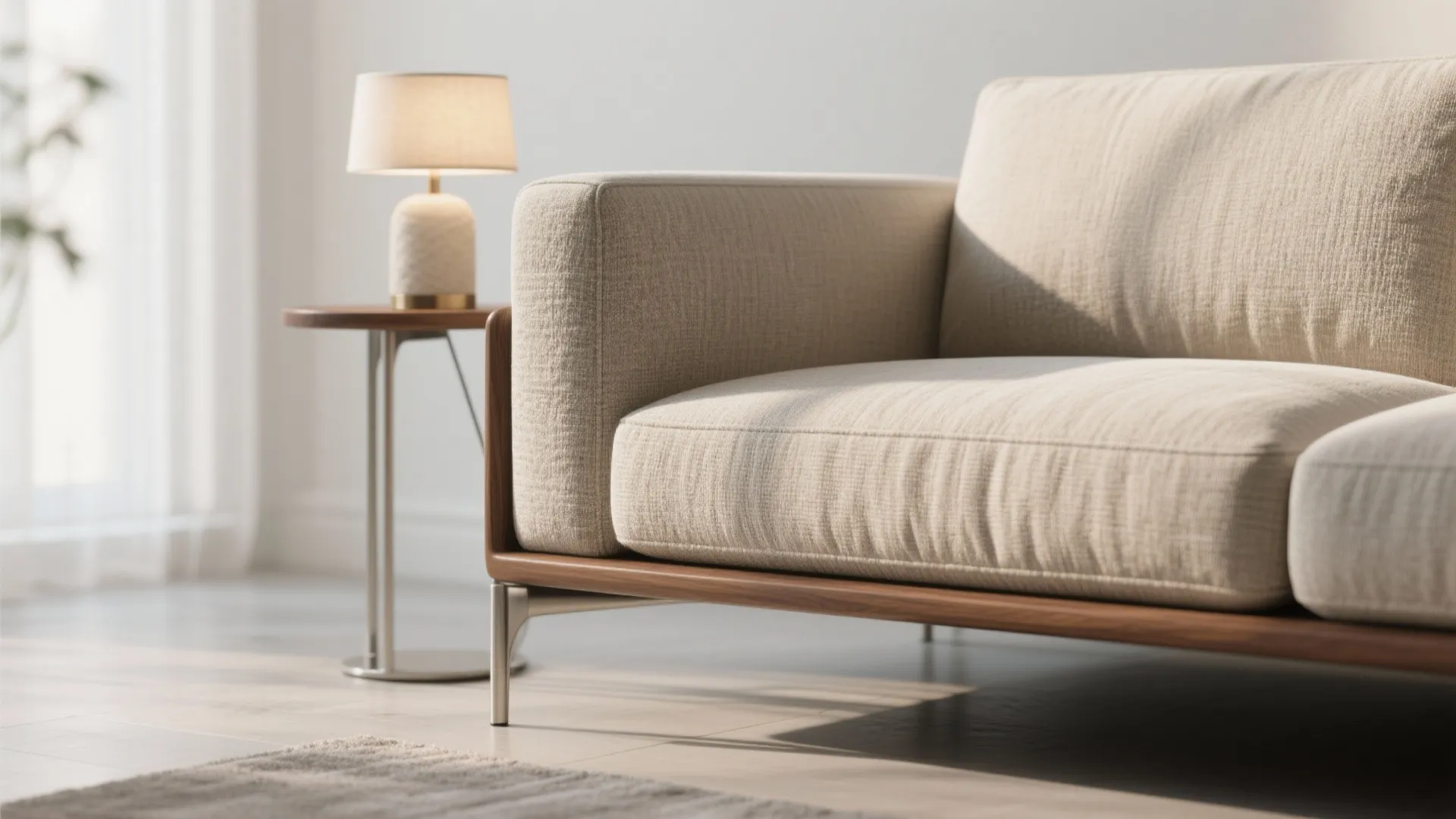 Modern beige fabric sofa with wooden frame and metal legs beside a small white lamp
