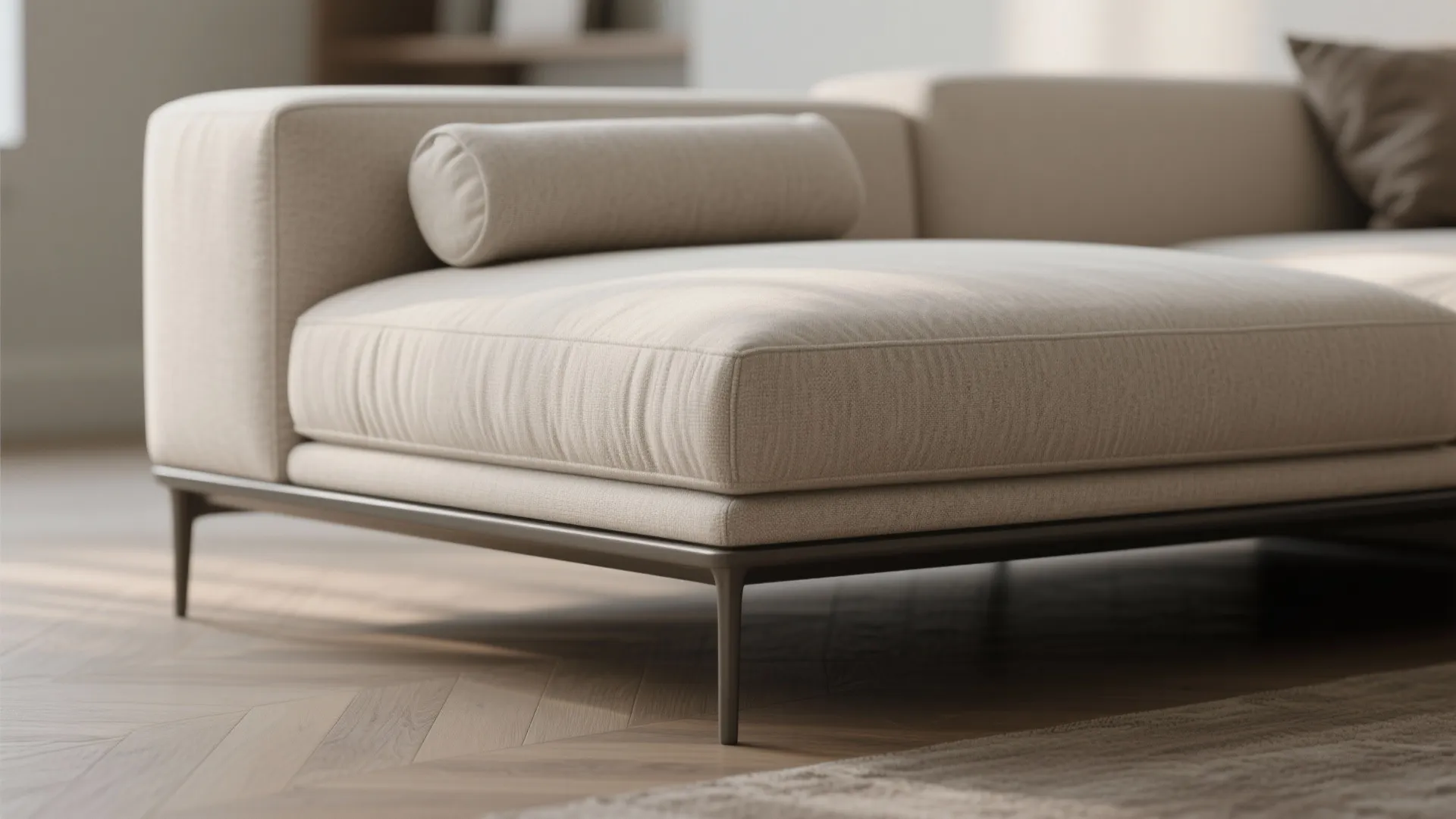 Close-up of a slim-arm sectional showing low profile, narrow arm, leggy base and fabric texture for space-saving design.