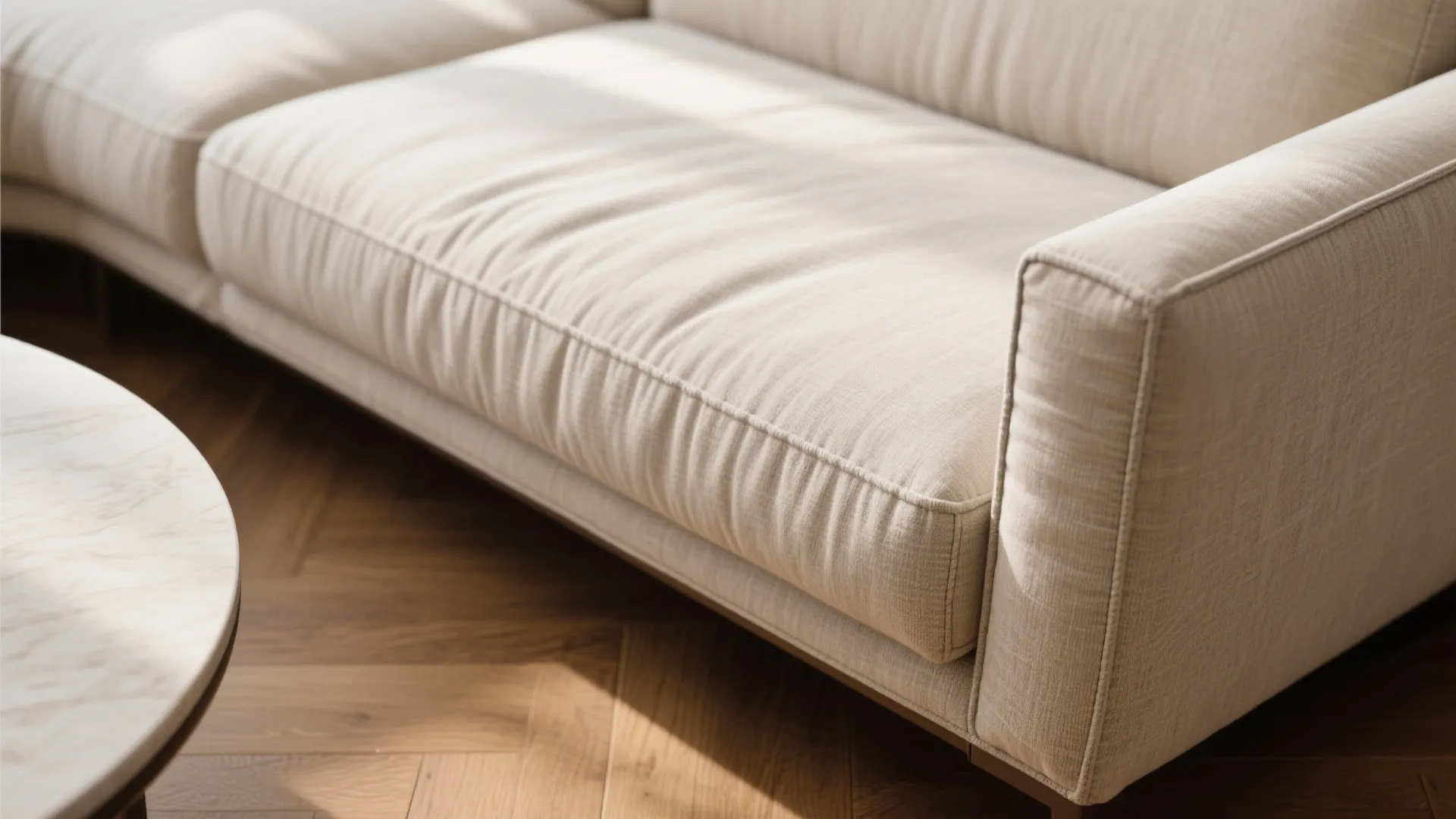 1) Parallel Slim-Arm Sofas with a Narrow Walkway