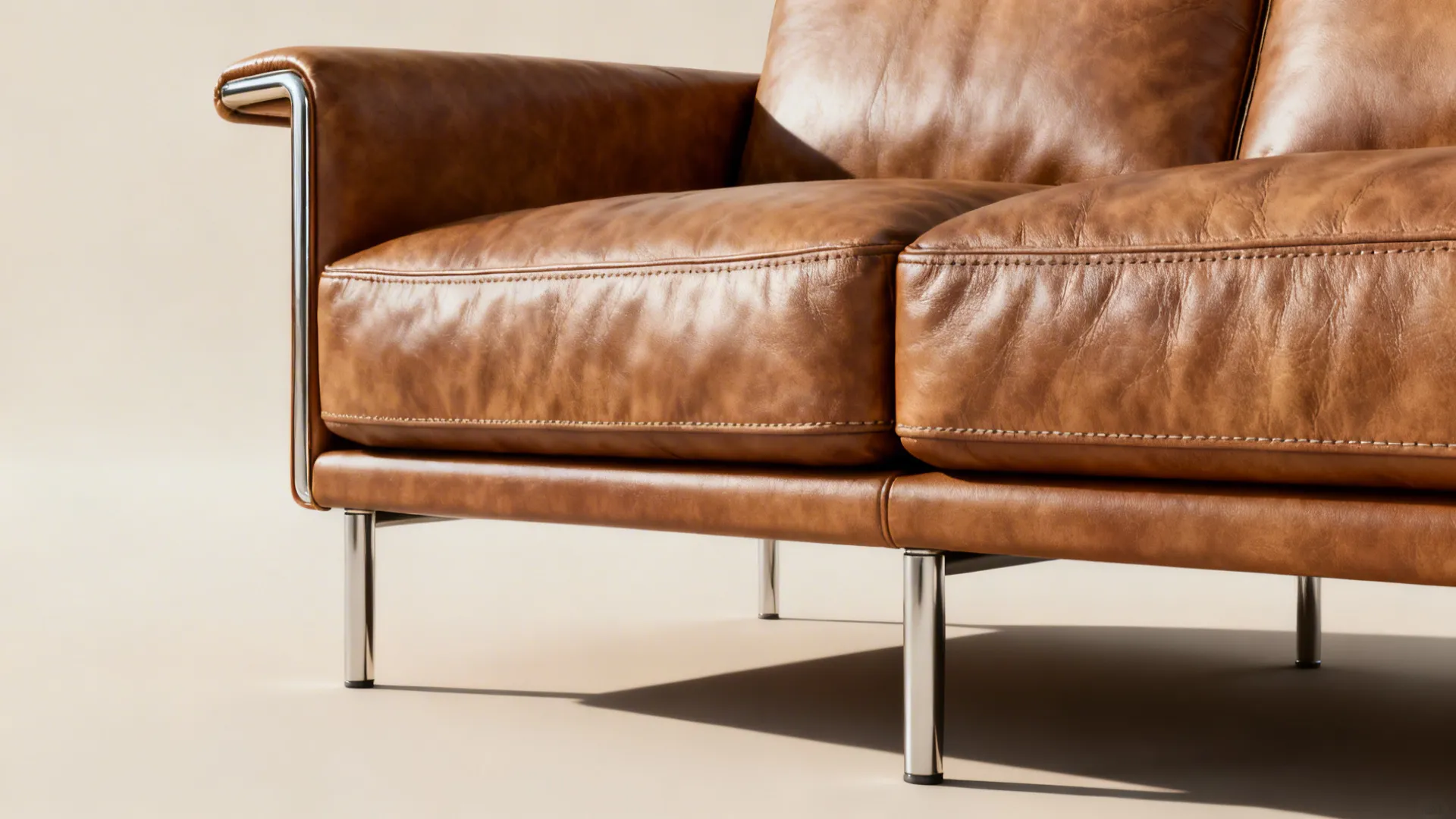 Close-up of slim-arm leather two-seater with raised legs highlighting leather texture