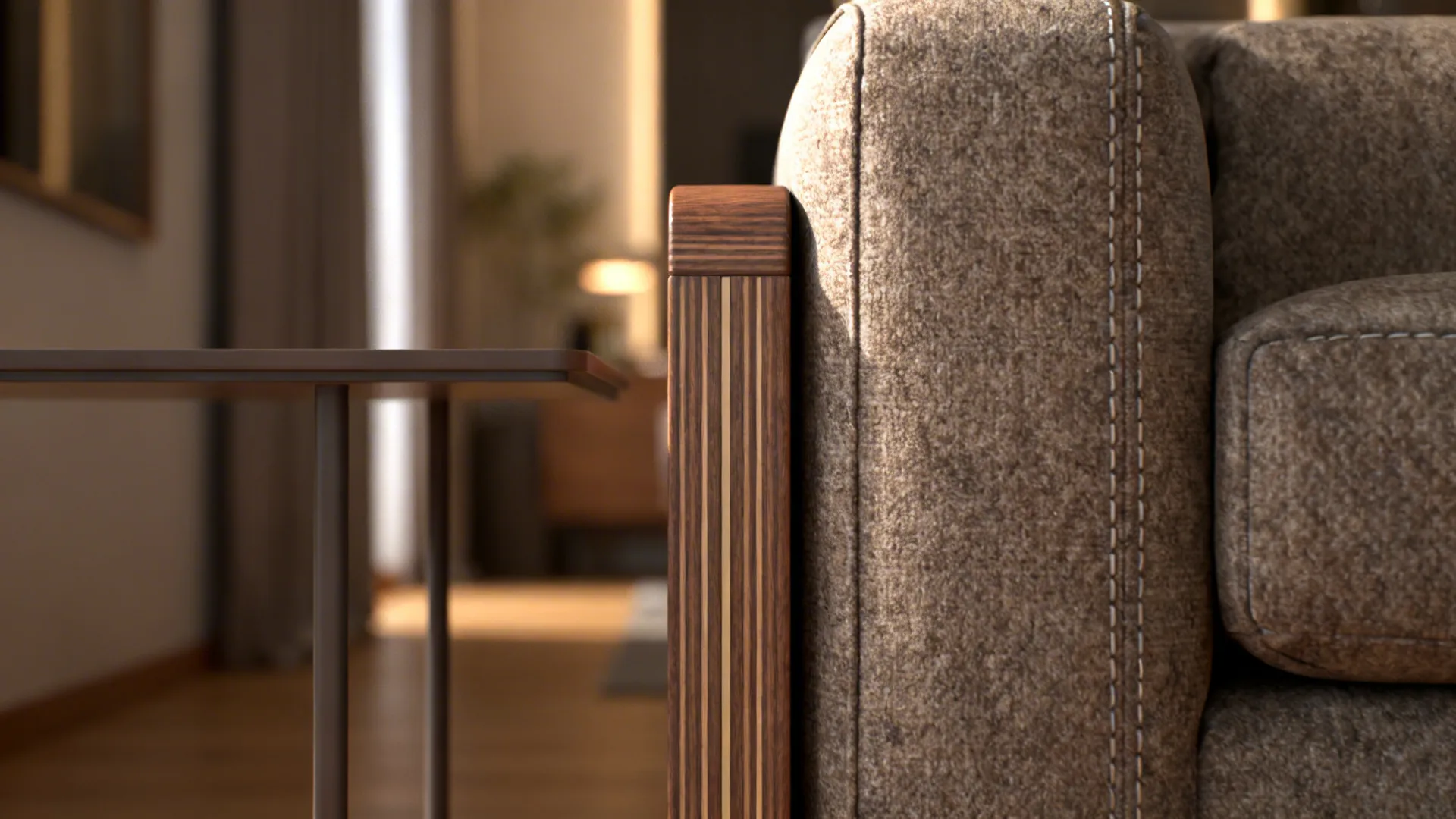 Close-up of a slim-arm, low-back sofa arm and slender side table in a narrow living room.