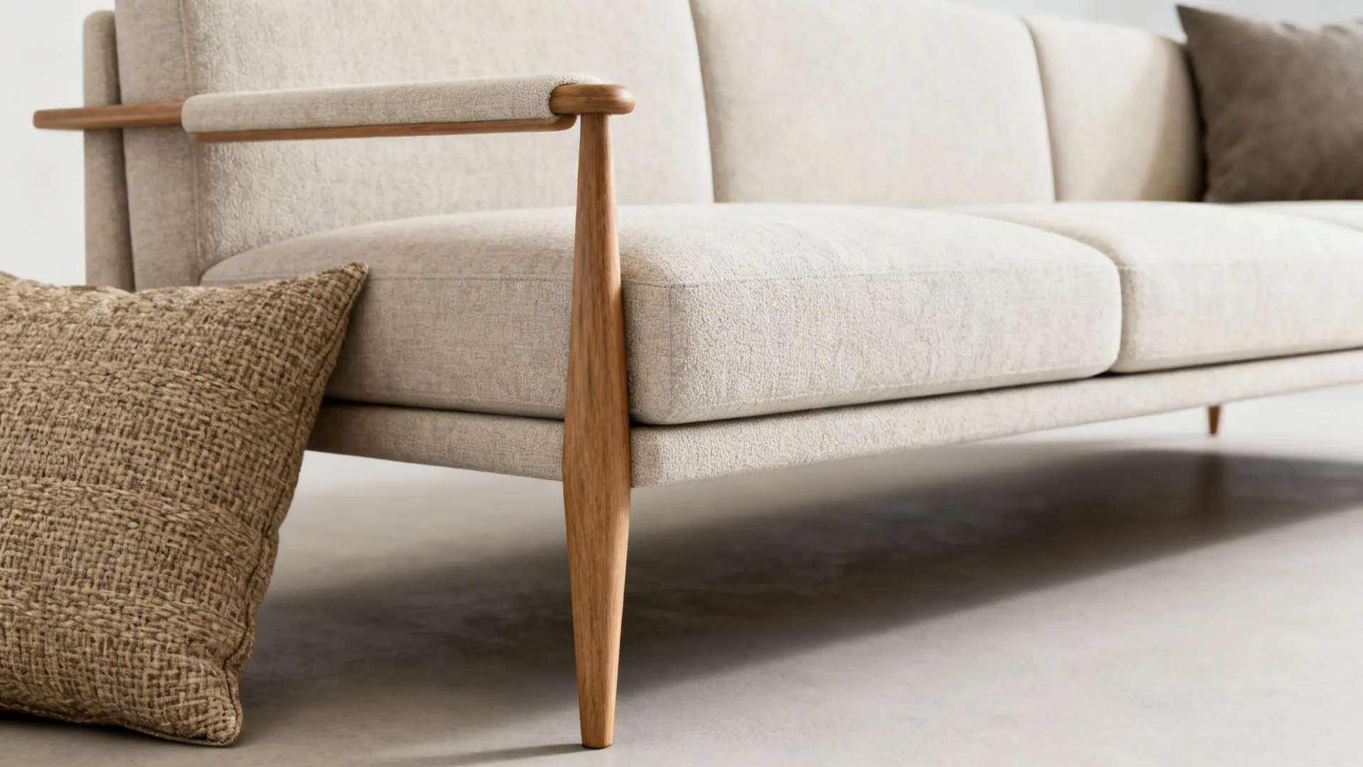 Close-up of a slim-arm sectional showing tapered legs and light upholstery texture