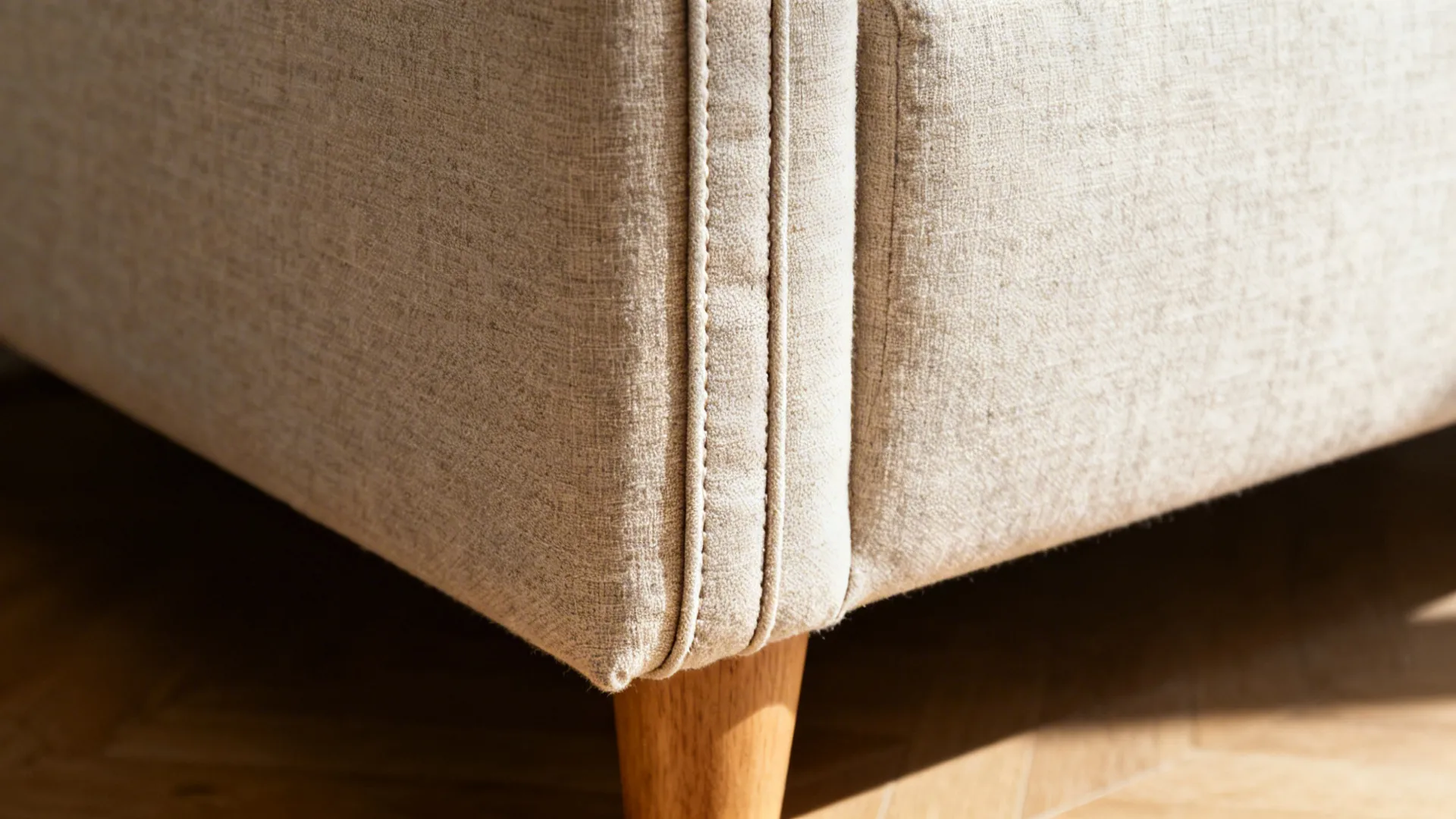 Close-up of a slim sofa arm with linen upholstery and elevated leg showing floor for a lighter look.