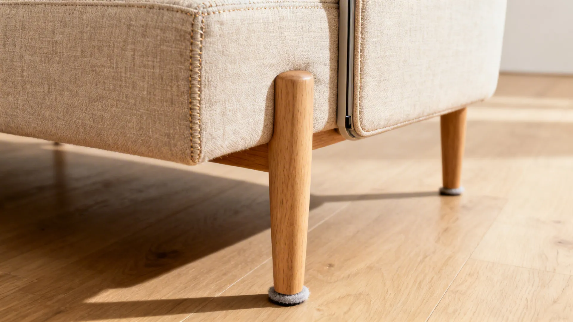 Close-up of a slim track arm and high wooden leg on a compact sofa, showing airy clearance.