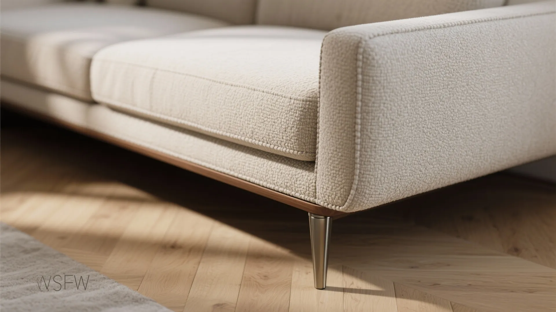 Close up of cream fabric sofa with wooden base and metal legs on light wooden floor