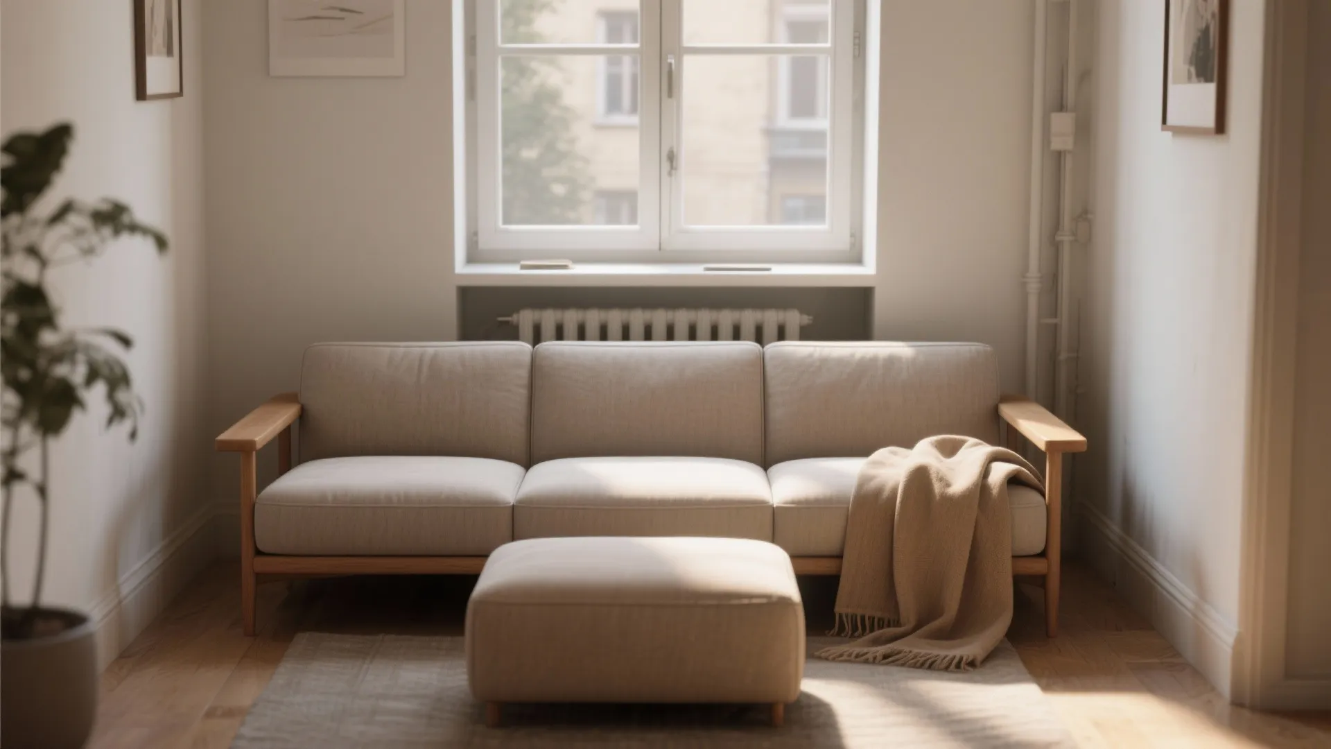Comfortable three seater sofa with wooden arms and footrest on rug near window with plant