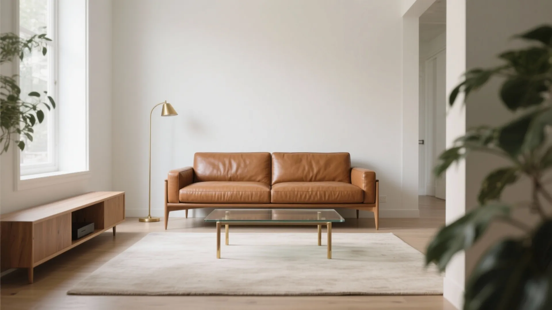 Modern living room with a brown leather sofa glass coffee table wood cabinet and gold lamp