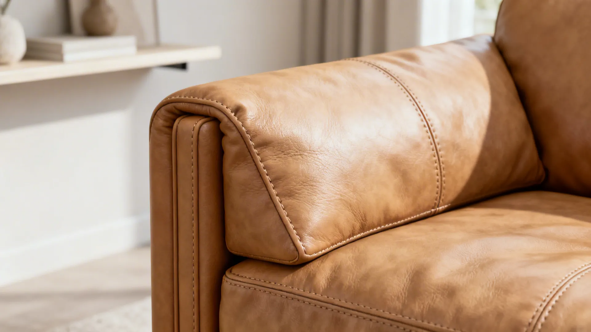 Close-up of a compact leather loveseat with slim arms and visible grain.