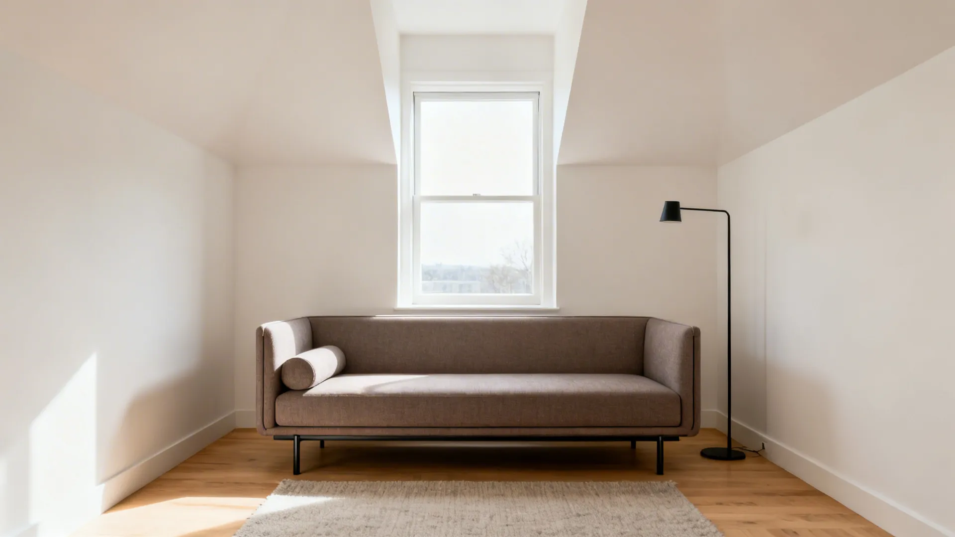 Low-back slim-arm sofa in a compact living room with bright sightlines and a bench cushion.