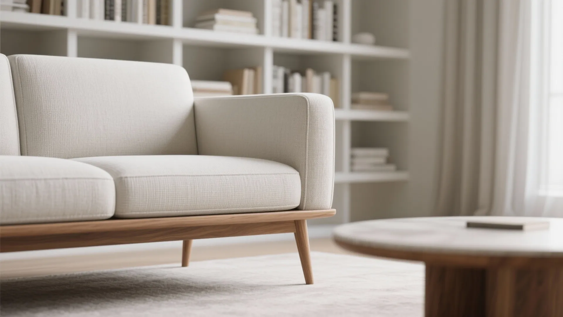 Close up of a cream fabric sofa with wooden legs next to a round coffee table