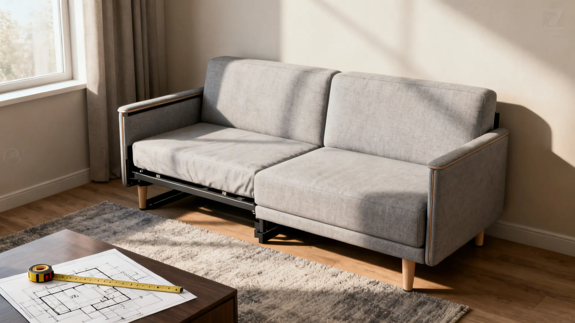 Compact pull-out sofa with slim arms partially extended showing clearance in a small room.