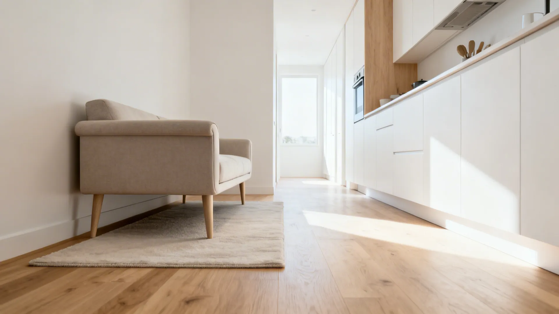 Slim-arm sofa on tall legs with a light rug brightens a narrow open kitchen-living space.