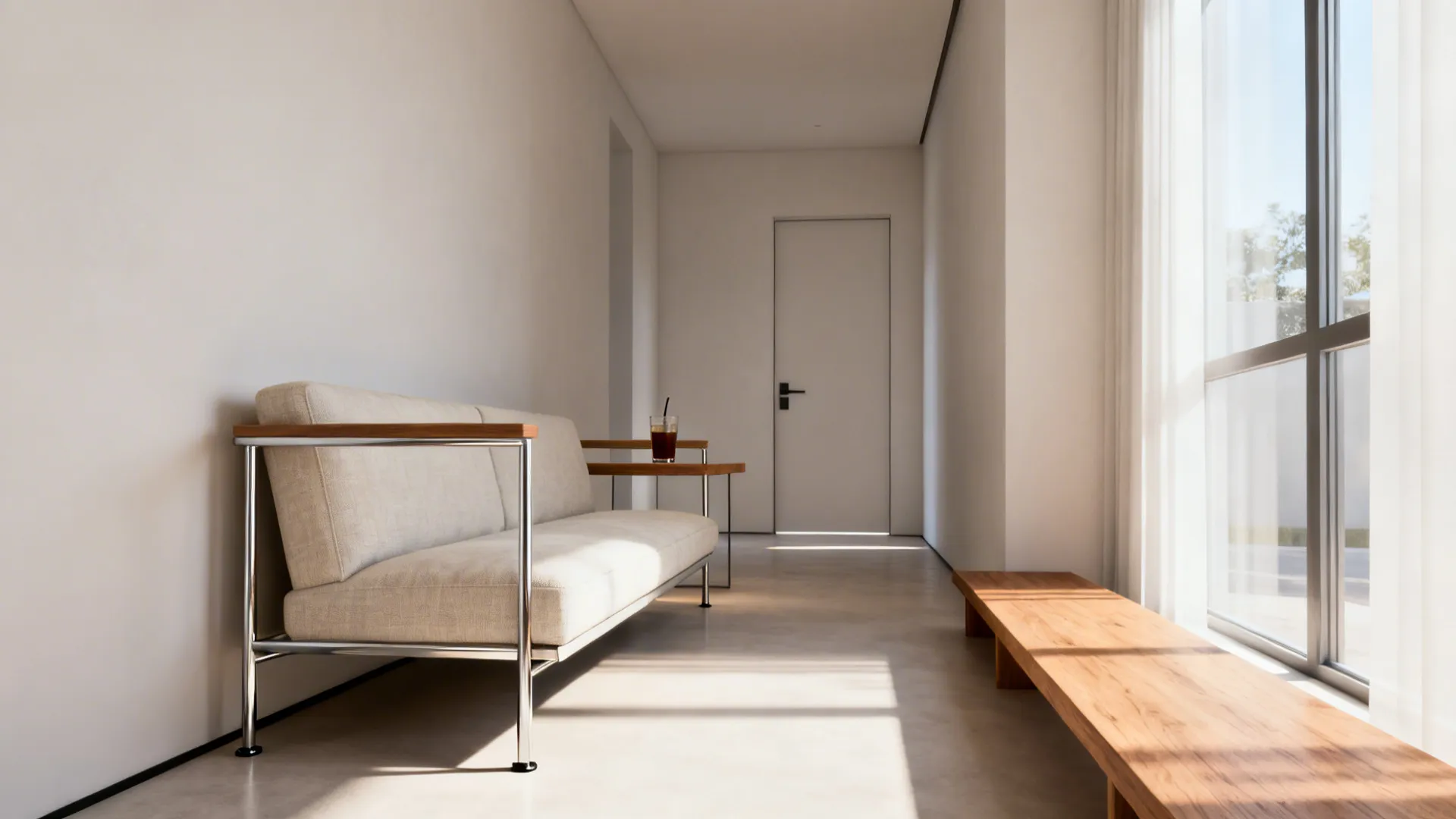 Narrow living room with a slim-arm low-profile sectional keeping sightlines open and clear walkways.