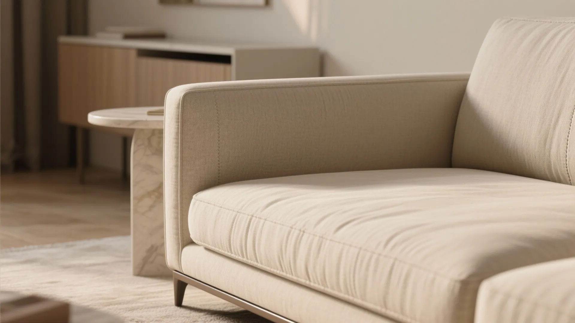 Close up view of beige fabric sofa armrest with marble side table and wooden cabinet