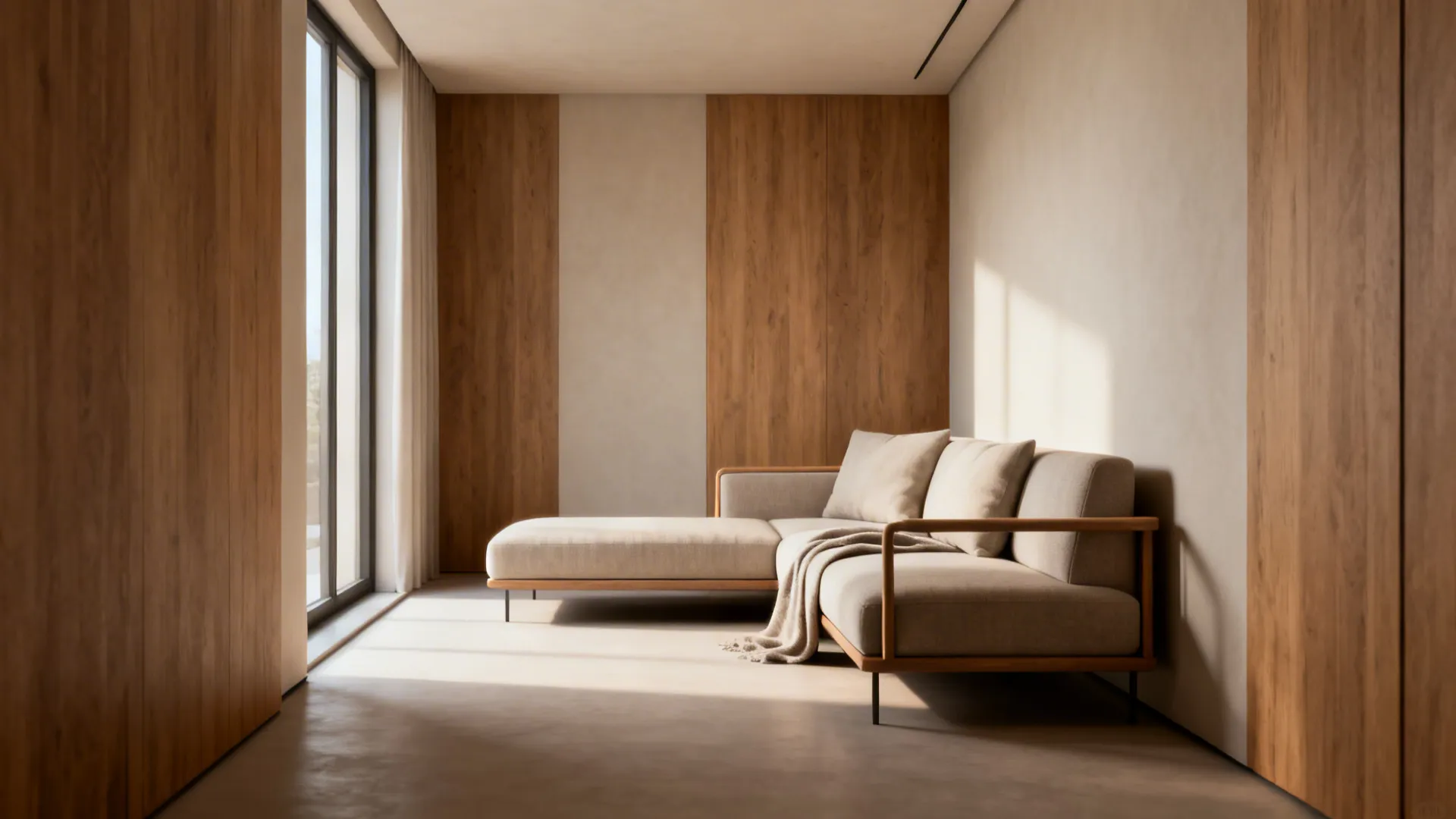 Narrow living room with a slim-arm L-shaped sofa against the wall and clear walkway.