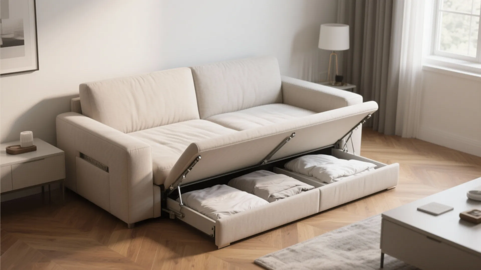 1) Slim-arm Queen Sofa Bed with Built-in Storage