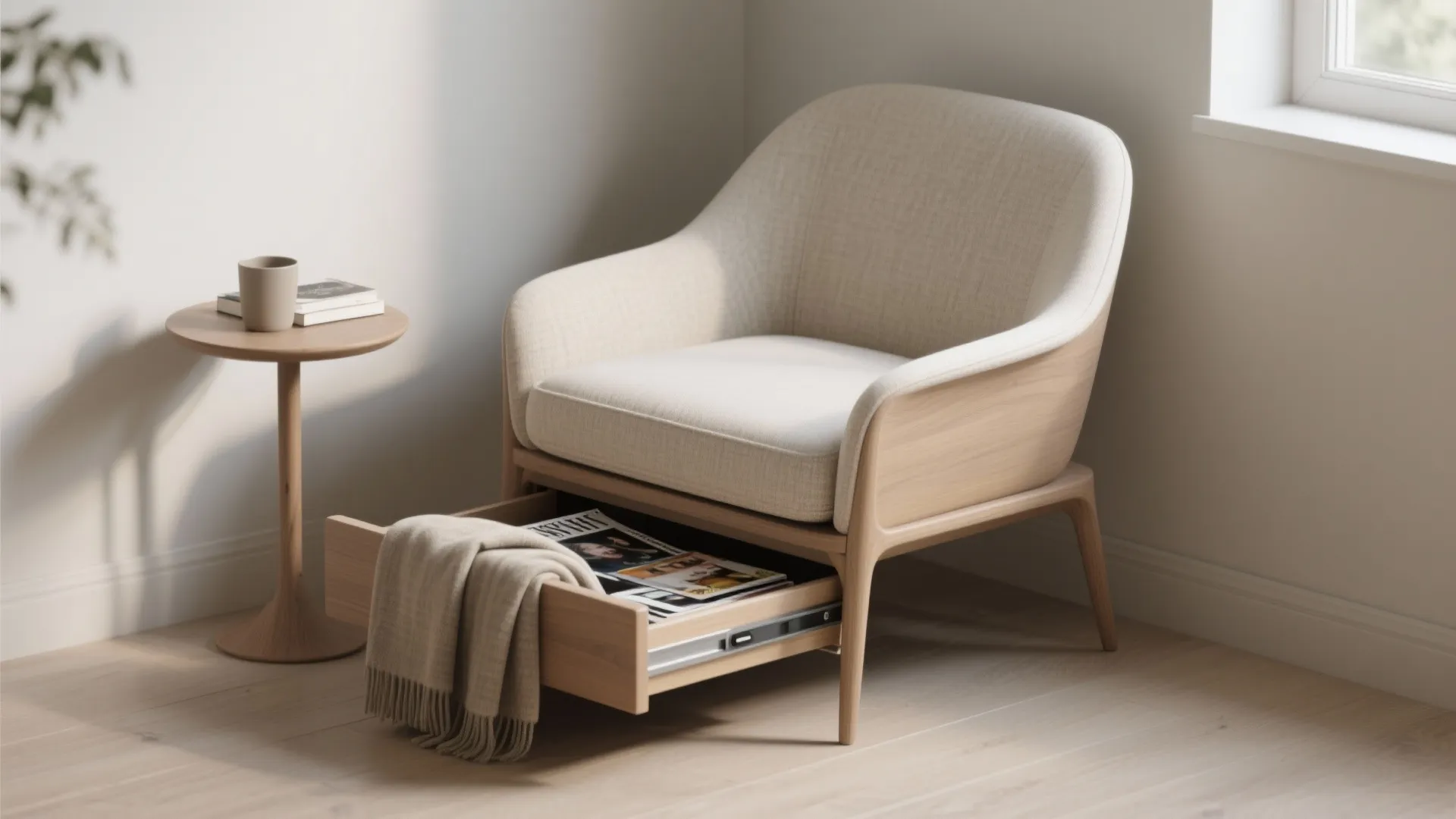 Modern cream armchair with wooden frame and open storage drawer containing magazines and a blanket