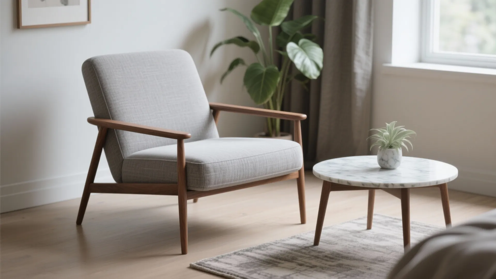 Slim-profile armchair with tapered legs beside a small side table in a compact living space