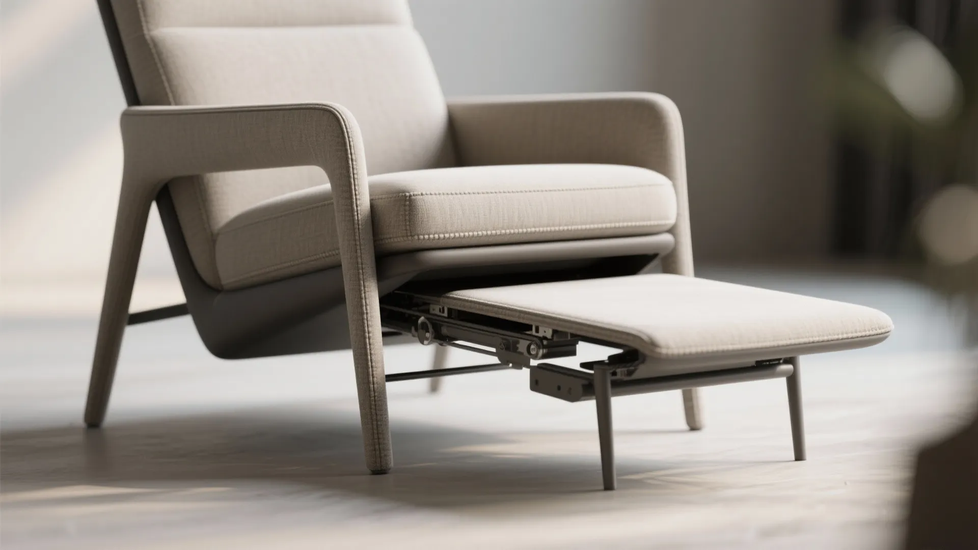 Modern beige armchair with an extended footrest on wooden floor with soft natural light indoors