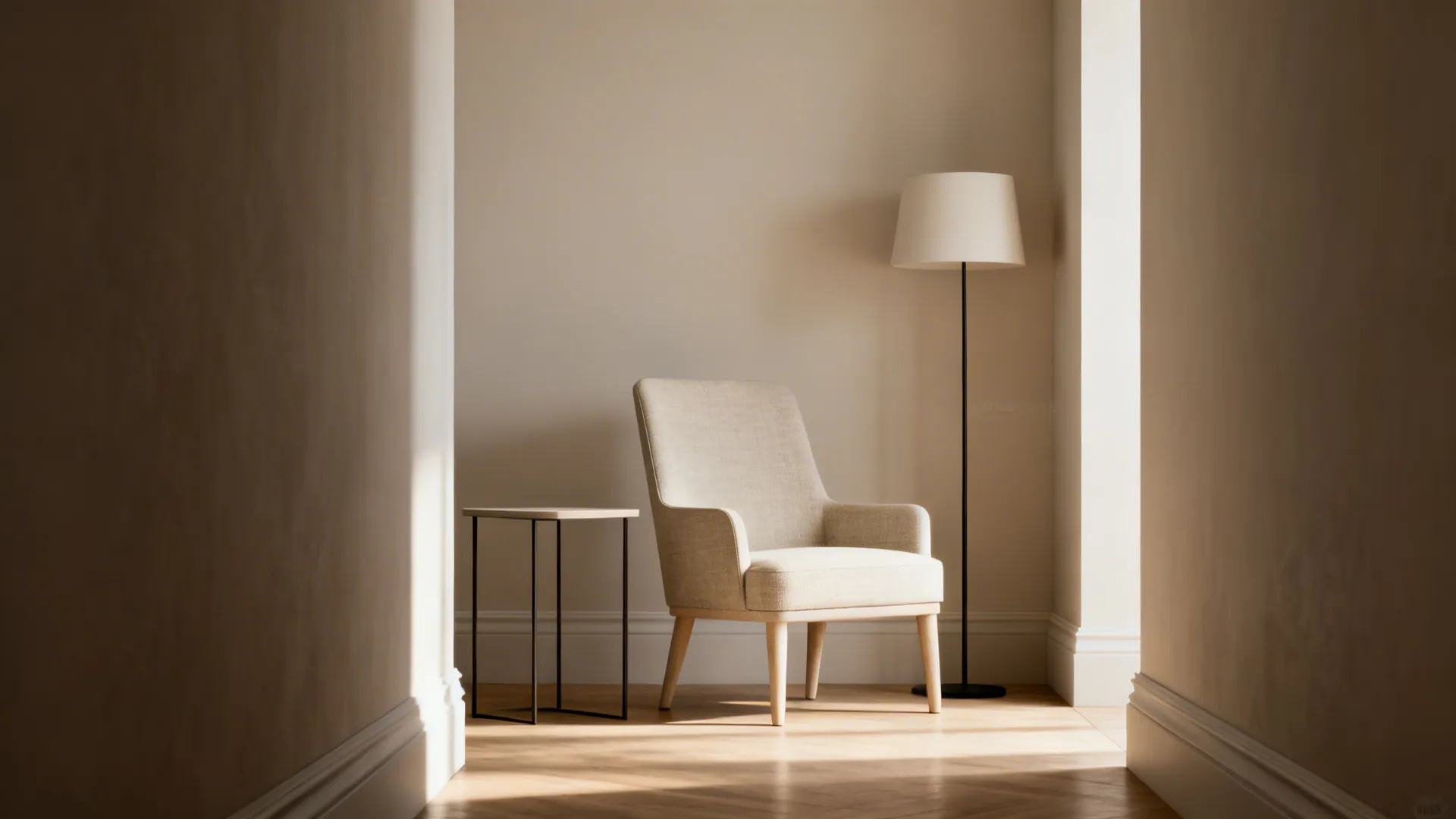 Slim-profile armchair between a side table and lamp in a narrow living room, keeping visual lightness