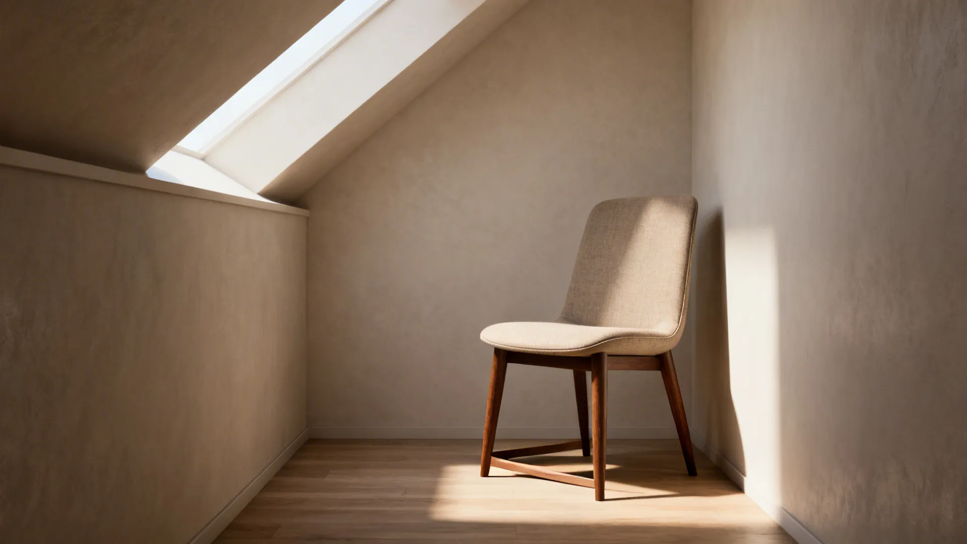 Slim-profile armchair with tapered walnut legs in a small loft corner, showing open underframe and linen upholstery.