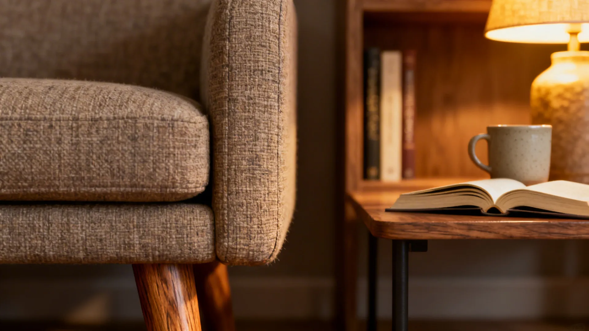 Brown fabric sofa next to a wooden side table with open book, mug, and lamp
