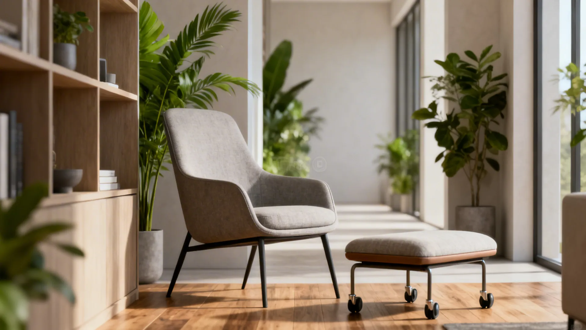 Slim profile armchair with a narrow ottoman on casters in a compact living room keeping pathways clear