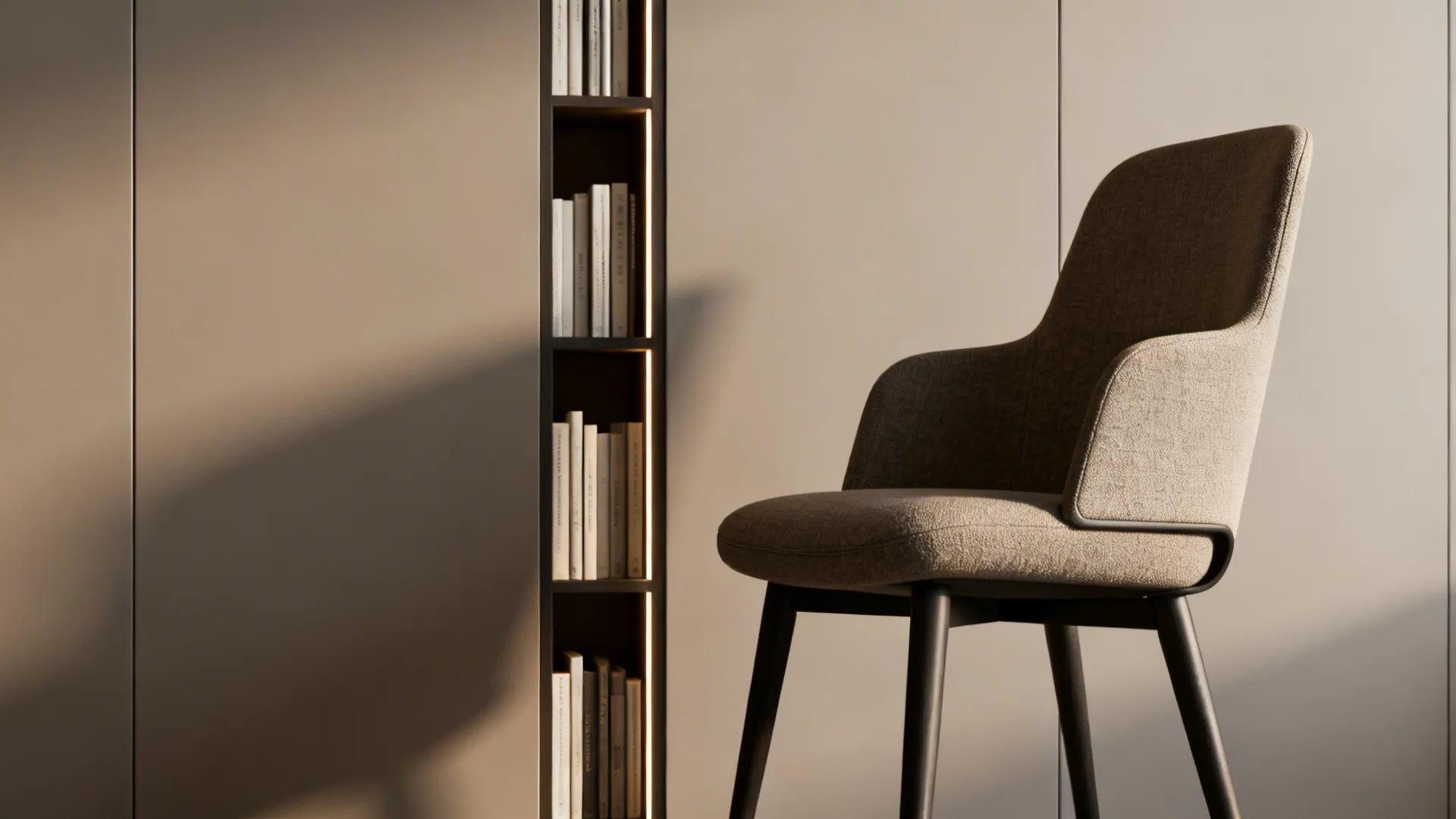 Slim armchair next to narrow wall-mounted bookshelves in a minimalist corner.