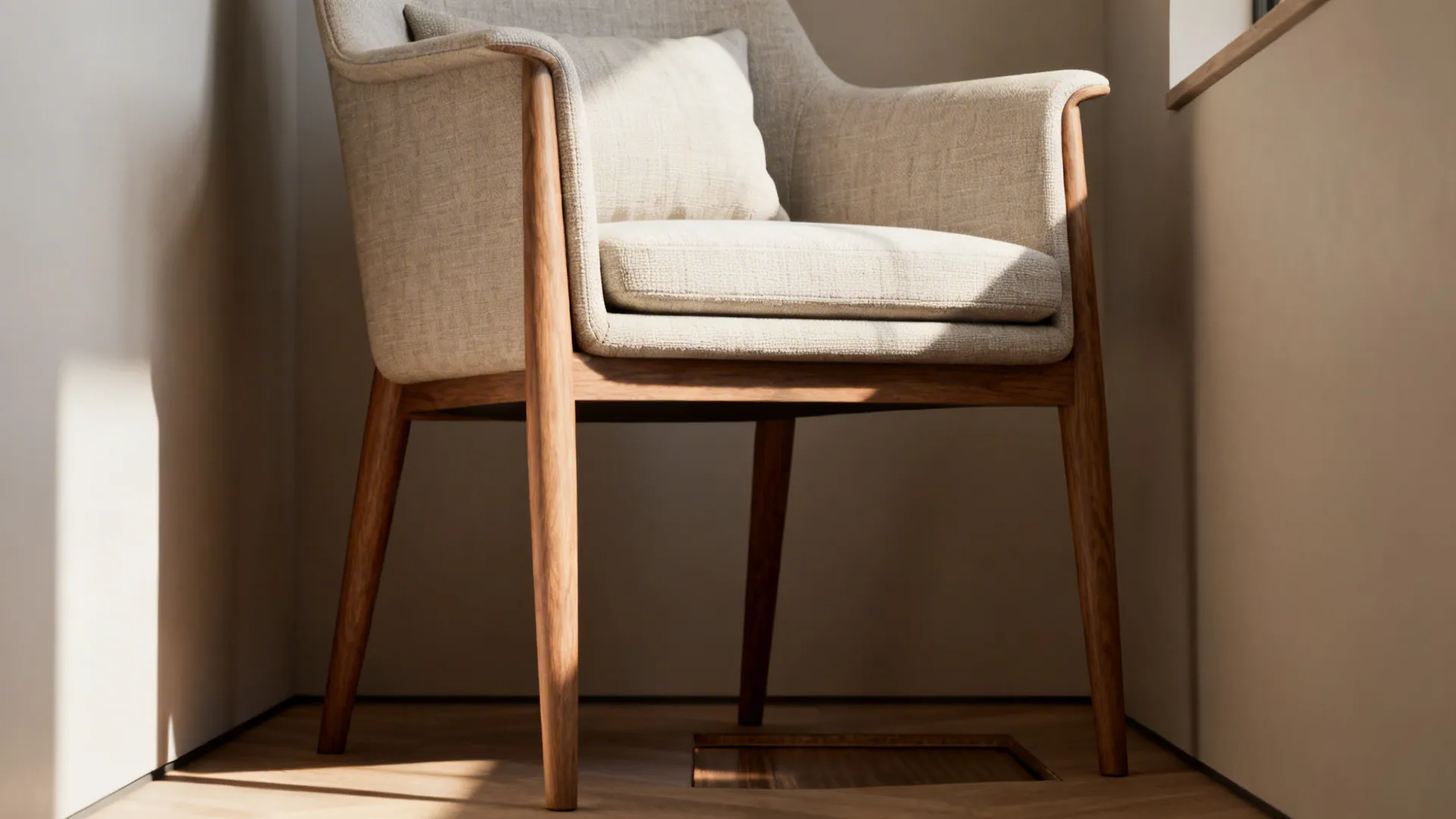 Slim-profile armchair with tapered legs lifting the seat to reveal floor space and airy proportions.