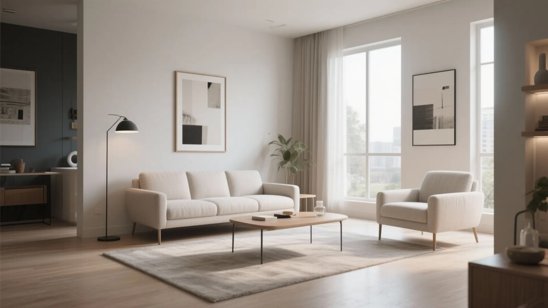 Minimalist living room featuring a beige sofa, matching armchair, wooden coffee table, and floor lamp