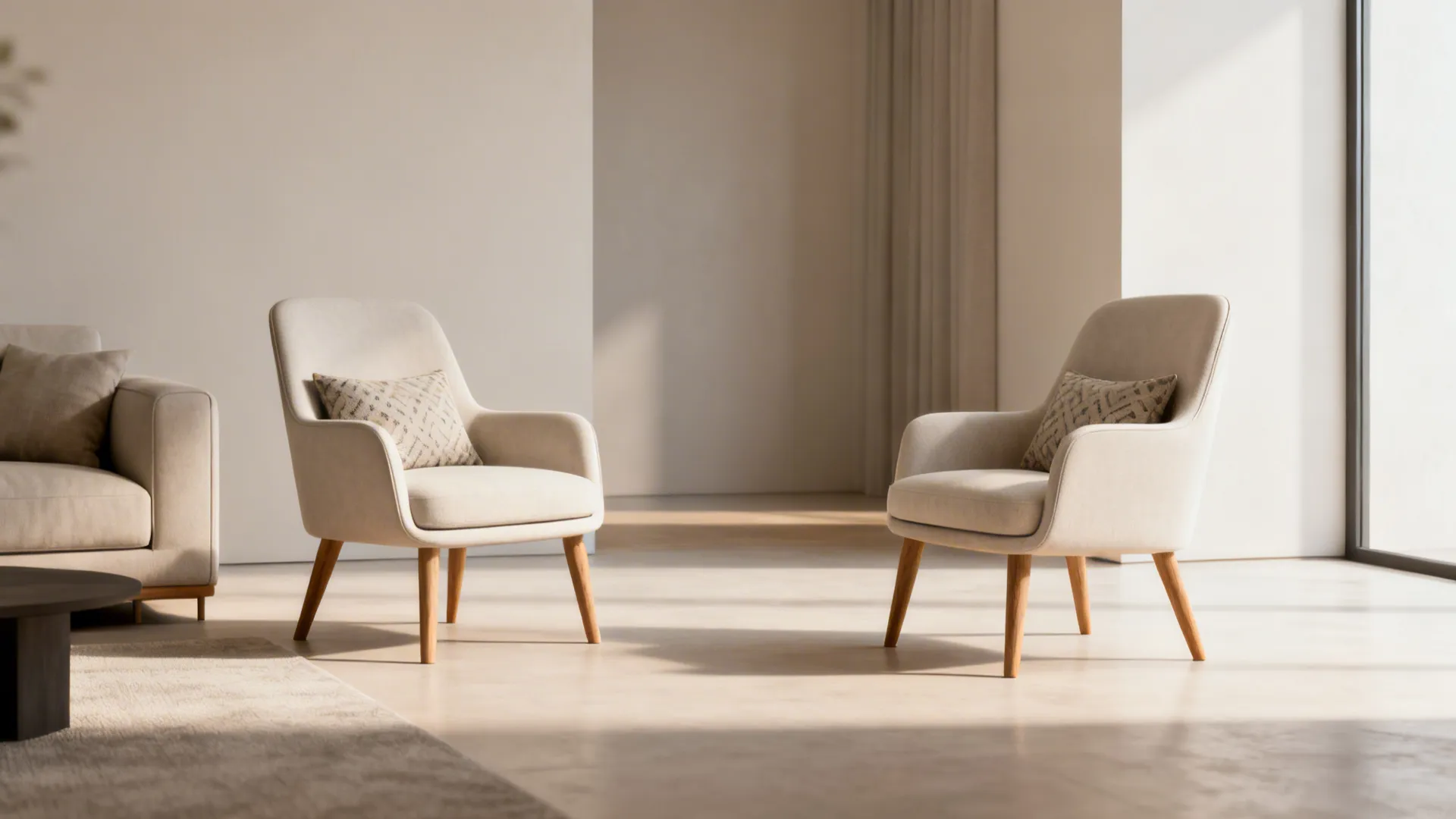 Slim-profile armchairs and an armless sofa arranged to improve flow in a small living room