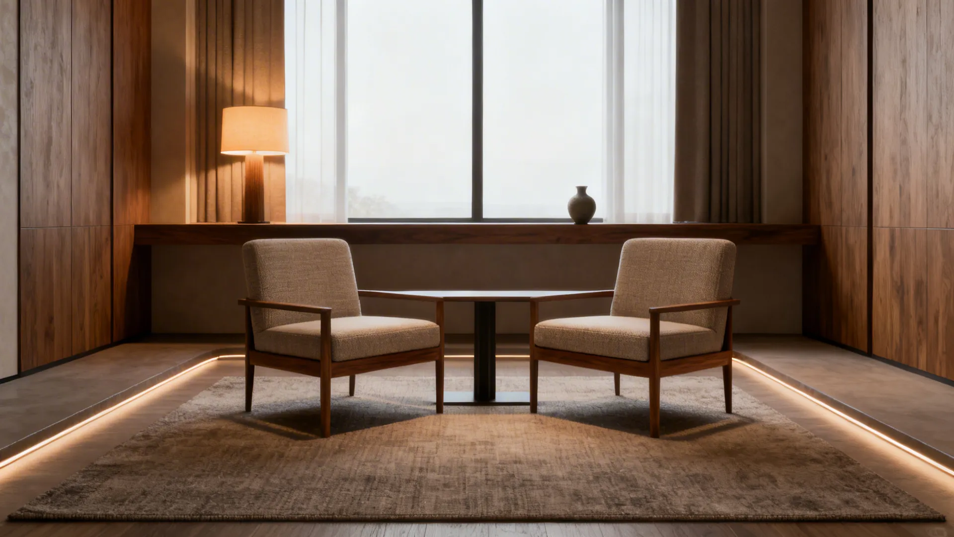 Two slim armchairs facing a narrow console in a master bedroom sitting area.