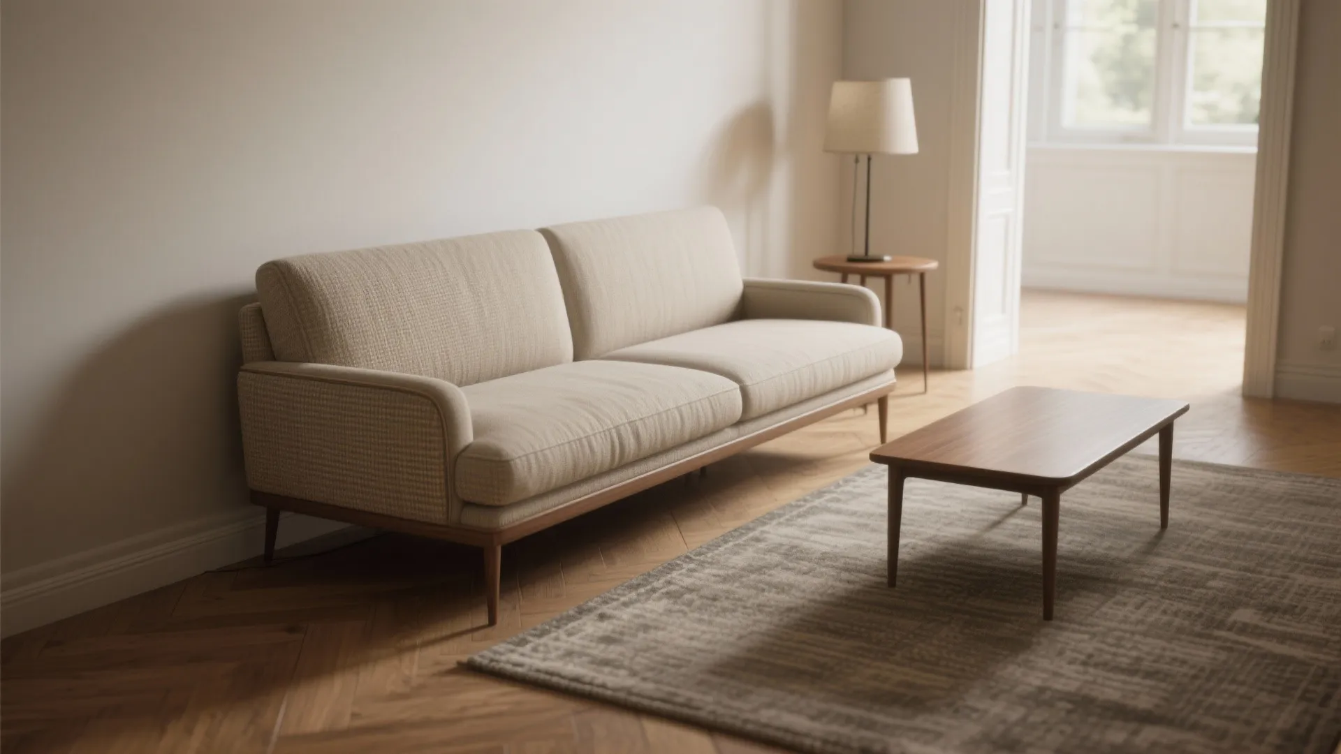 Modern beige fabric sofa with slim wooden legs on rug near small wooden coffee table